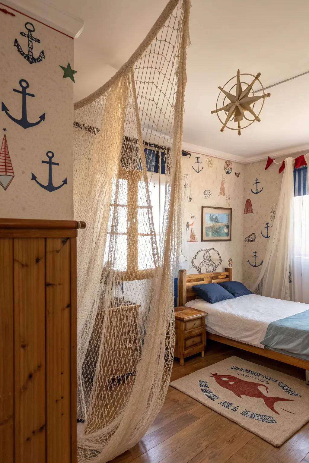 Angling nets as window treatments present a distinctive texture and marine sensation.
