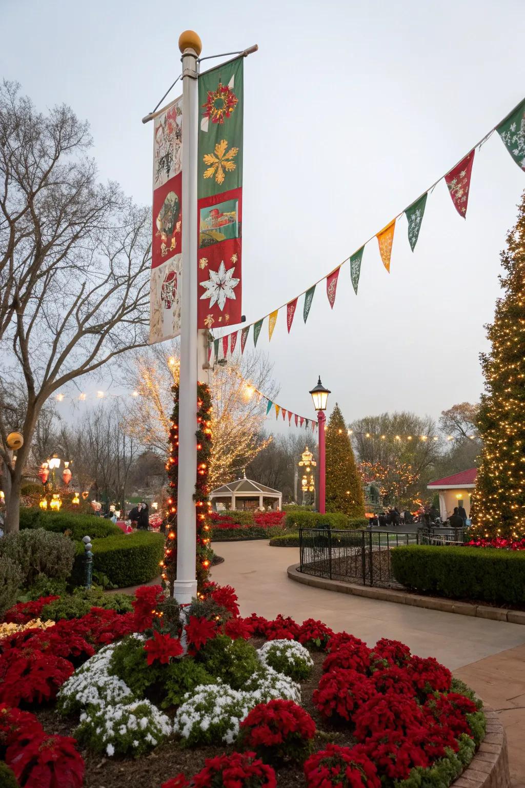 Seasonal decor infuses a fresh and festive sensation to flagpoles.