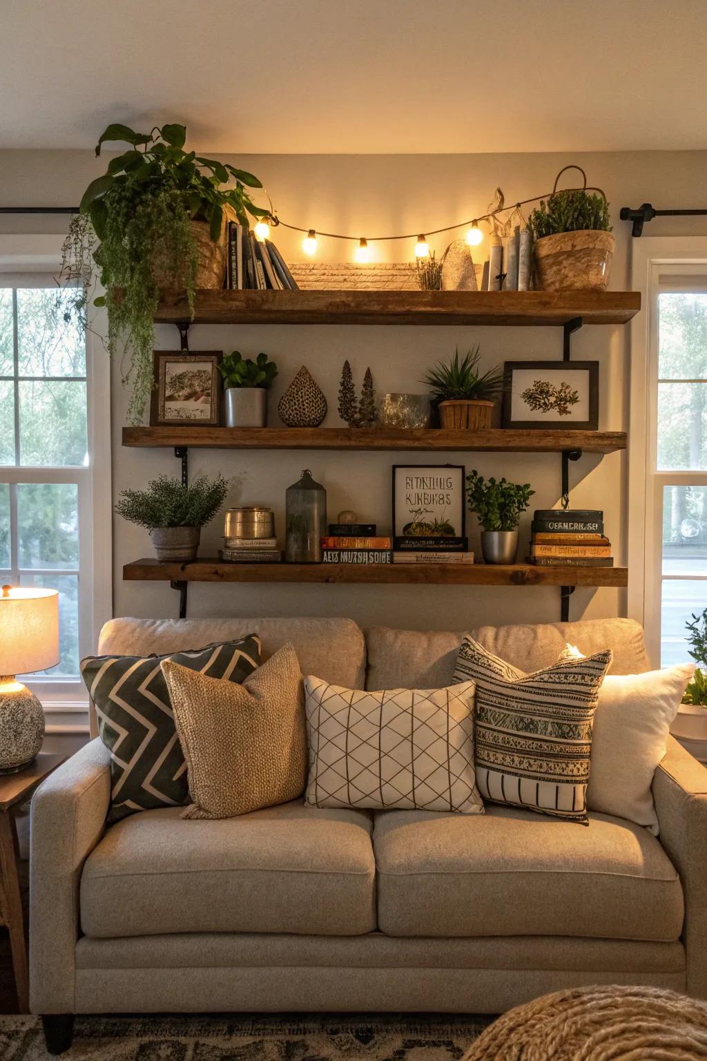 Stratified decor enhances the dimensions of your shelf.