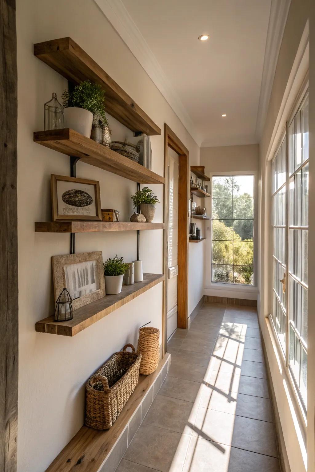 Upgrade your hallway using natural light on floating shelves.