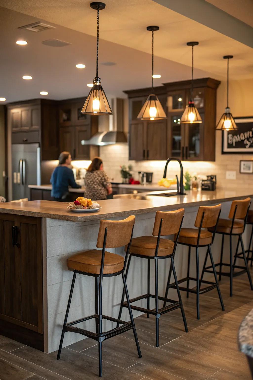 Counter seating by a kitchen island for casual and social dining experiences.