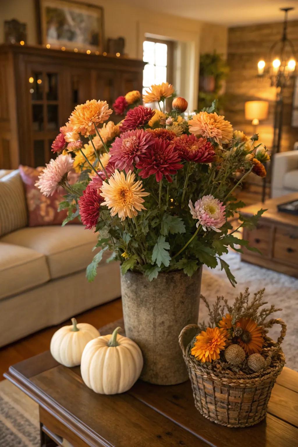 A seasonal bouquet with chrysanthemums conveying autumnal vibes indoors.