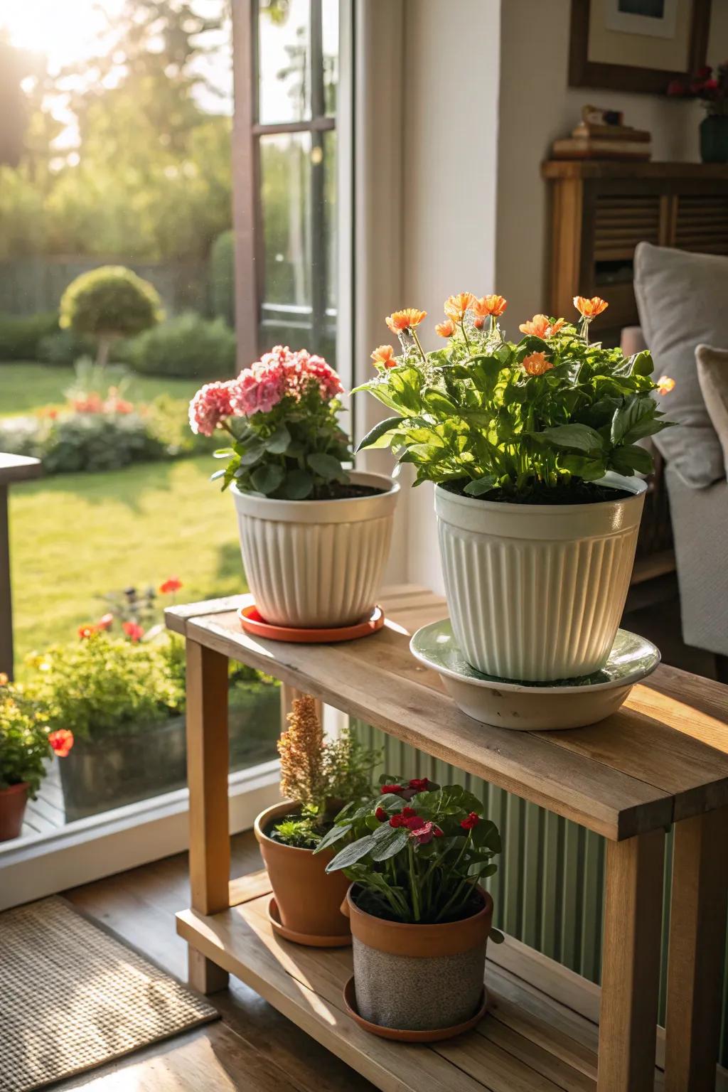 Adaptable flower containers that transition effortlessly between spaces.