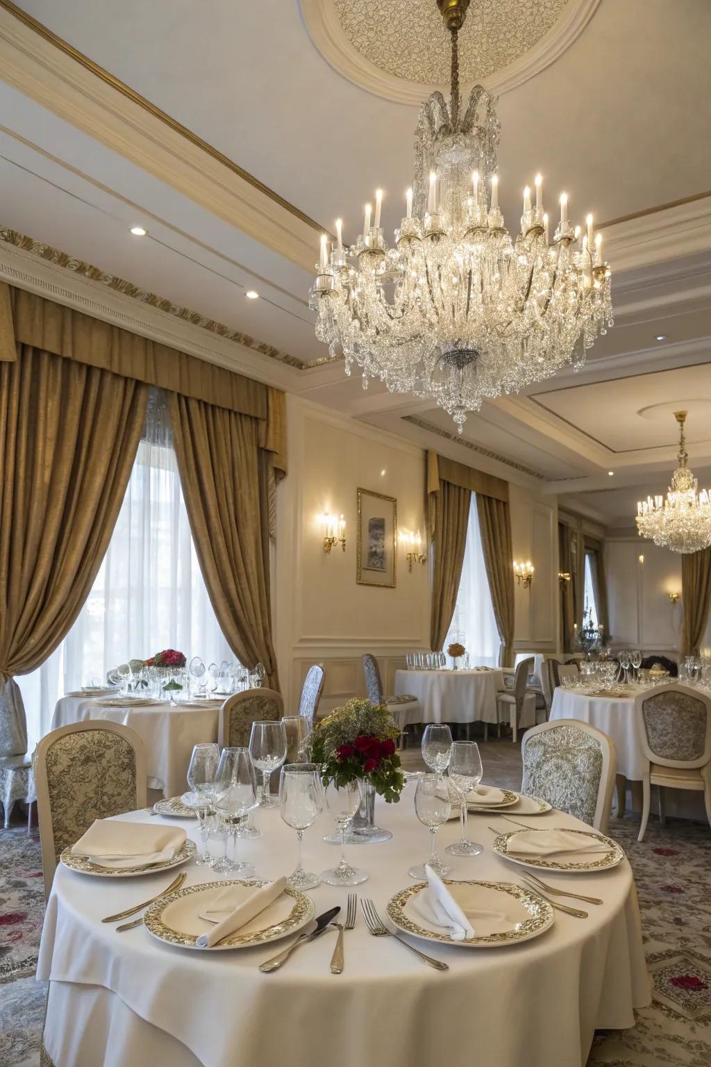 A stunning lighting fixture complements the elegant window coverings in this dining area.