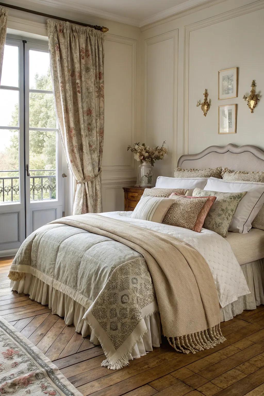 Varied linens add coziness and dimension to this French bedroom.