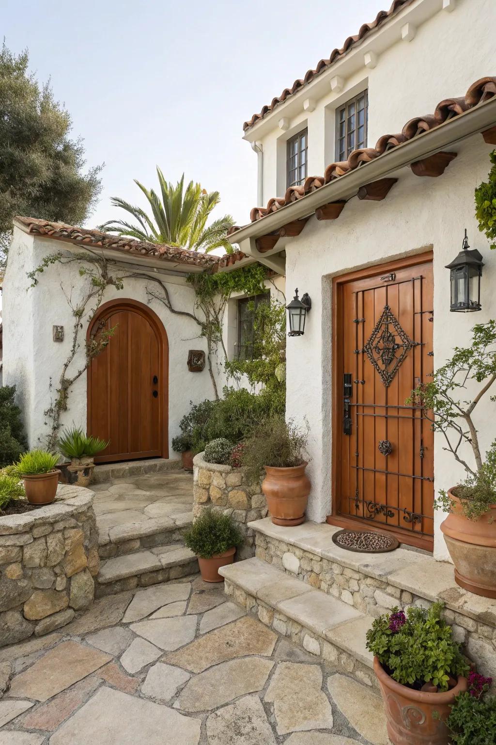 A terracotta entrance provides warmth and rustic charm.
