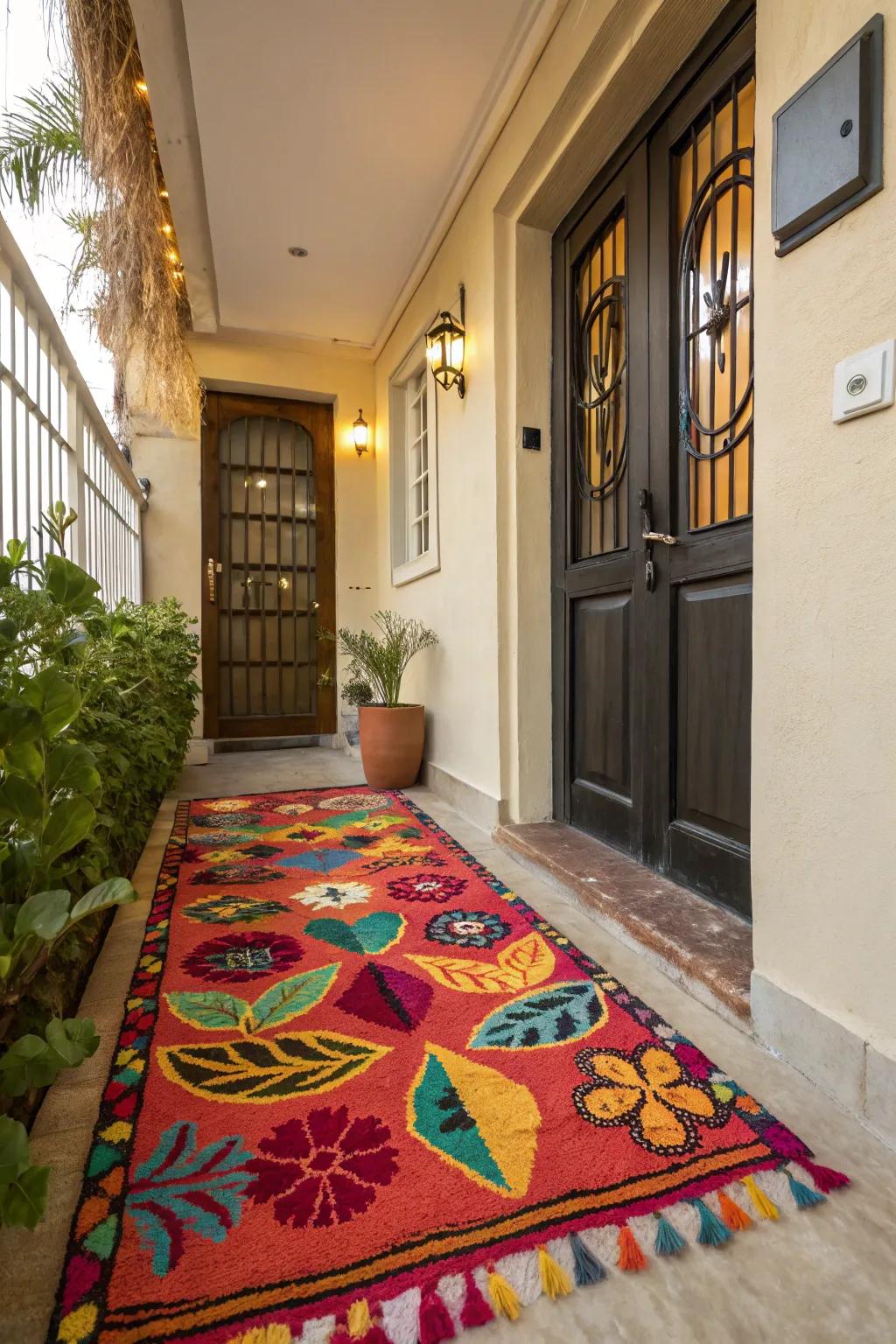 A vibrant rug can instantly brighten a home's exterior.