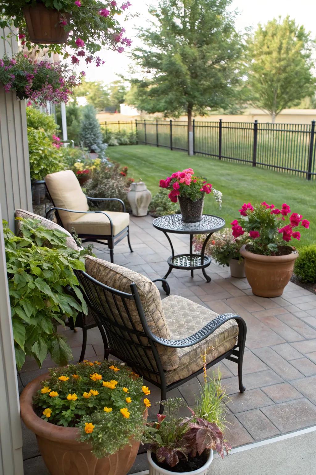 Potted plants infuse the porch with natural beauty and serenity.