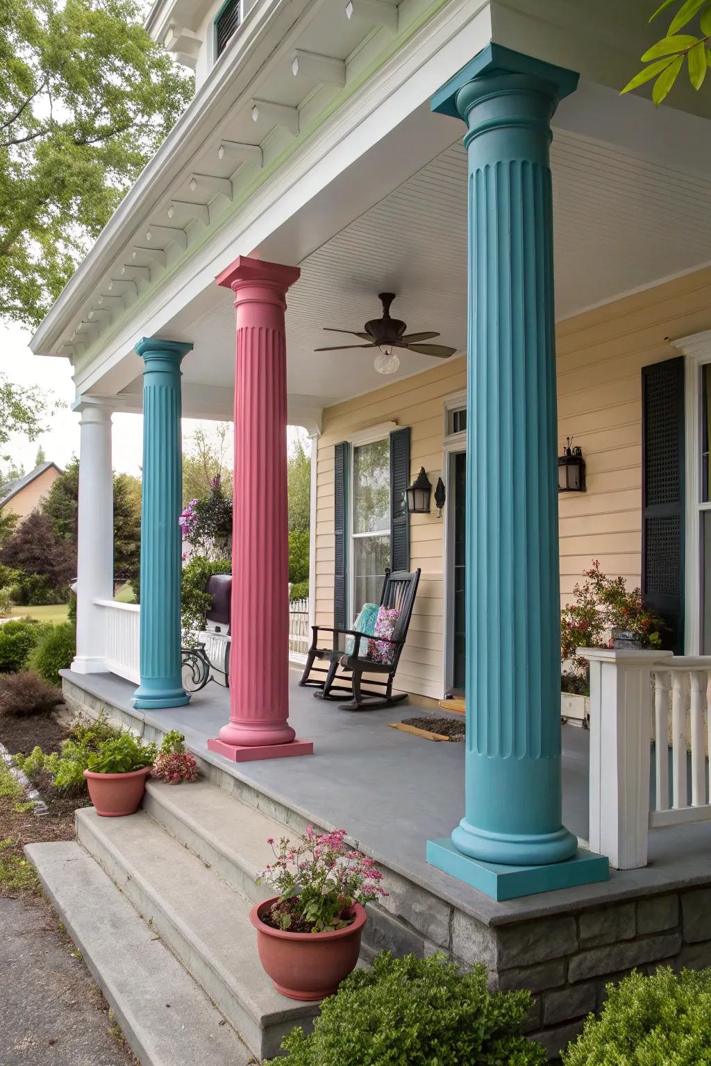 Contrasting pigments on columns render a daring proclamation for your porch.
