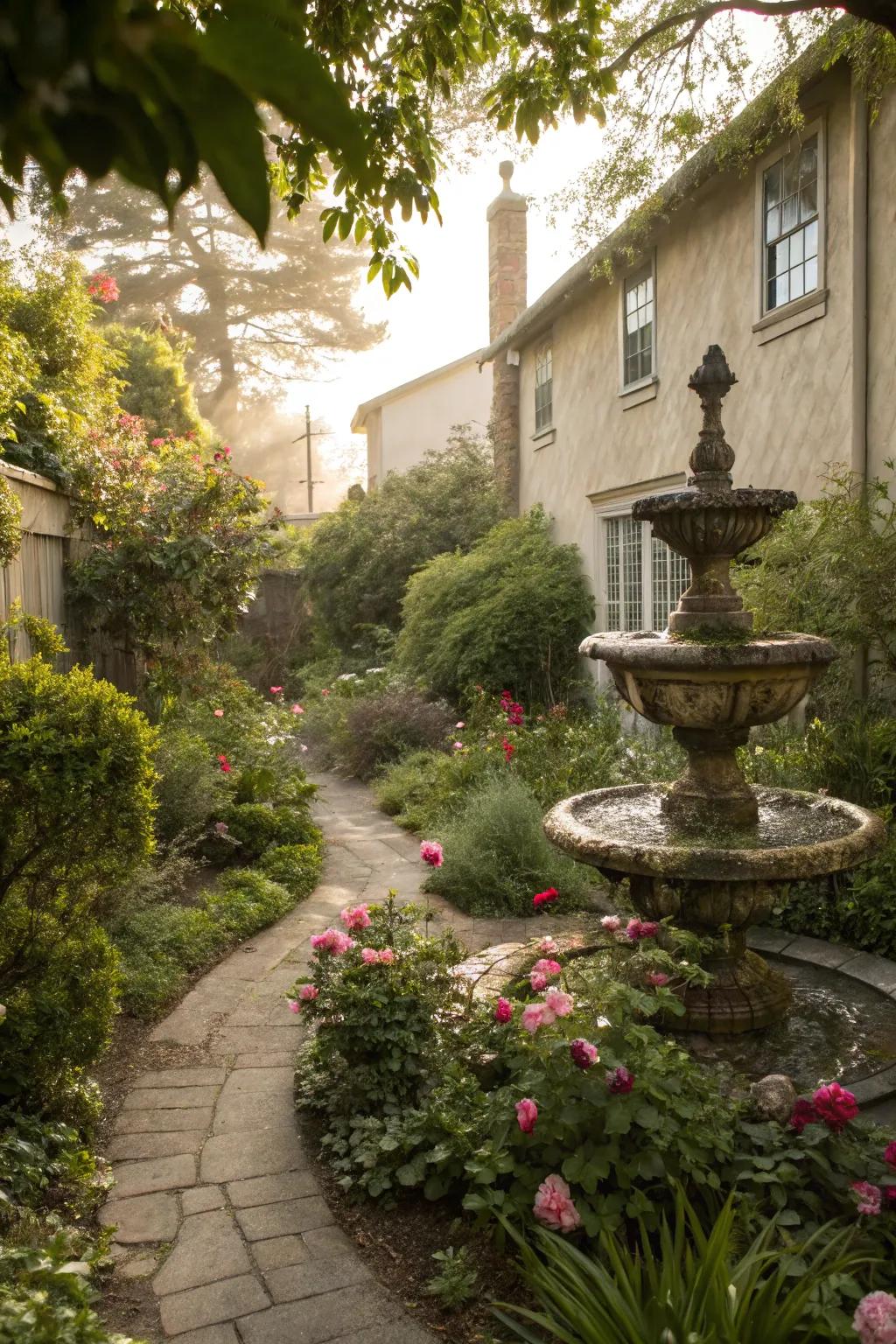 A serene fountain in a corner lot garden imparts a sense of calm.