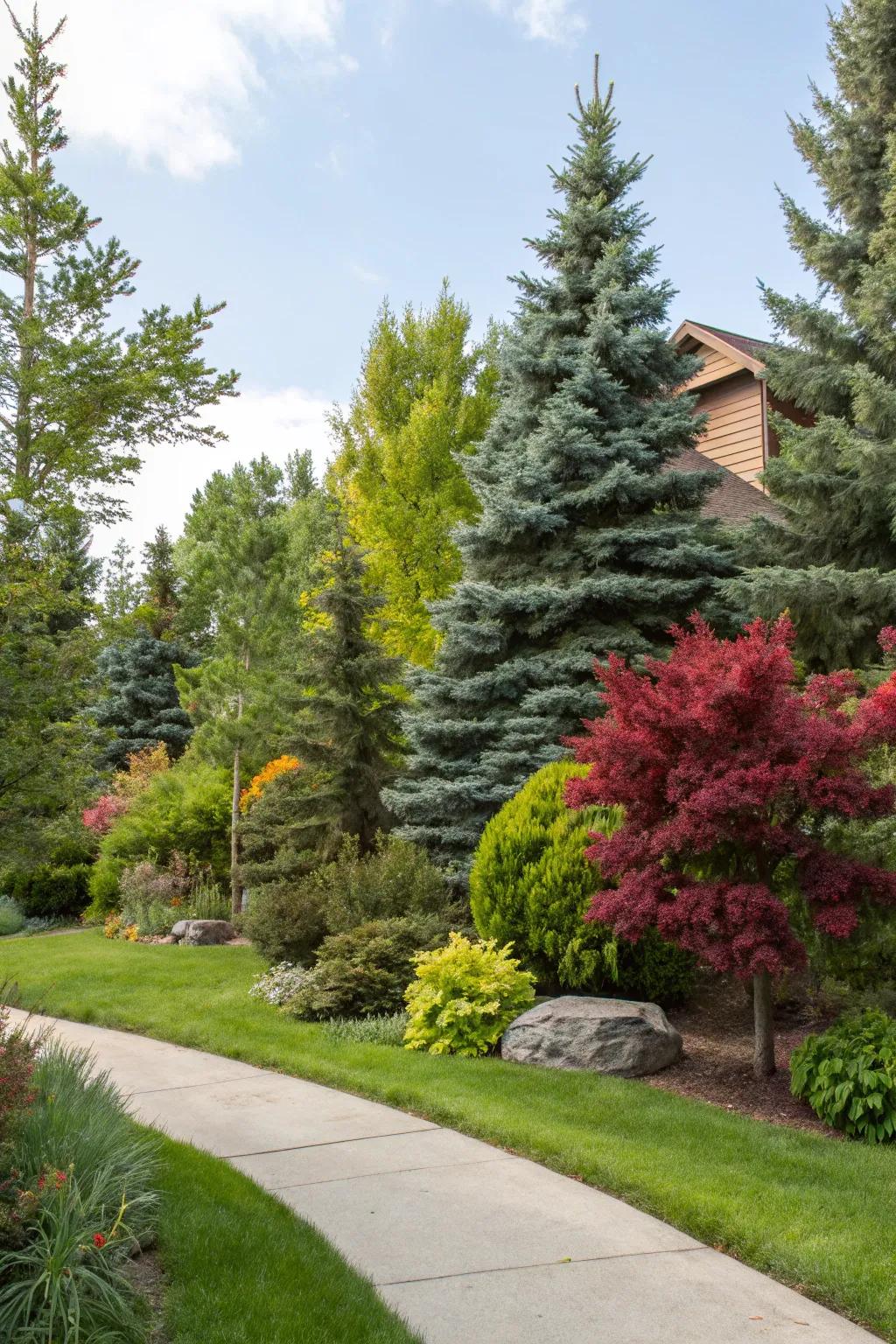 Colorful foliage adds vibrancy to this evergreen landscape.