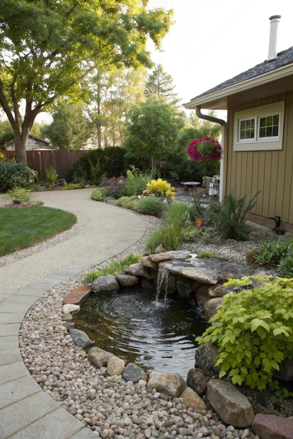A quaint water feature nestled within gravel fosters a serene ambiance.