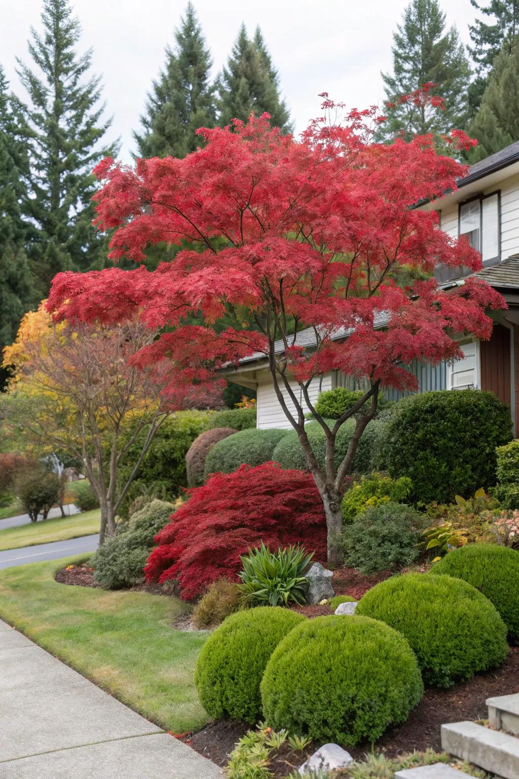 Evergreen shrubs provide a lush backdrop to the dynamic colors of the Japanese maple.