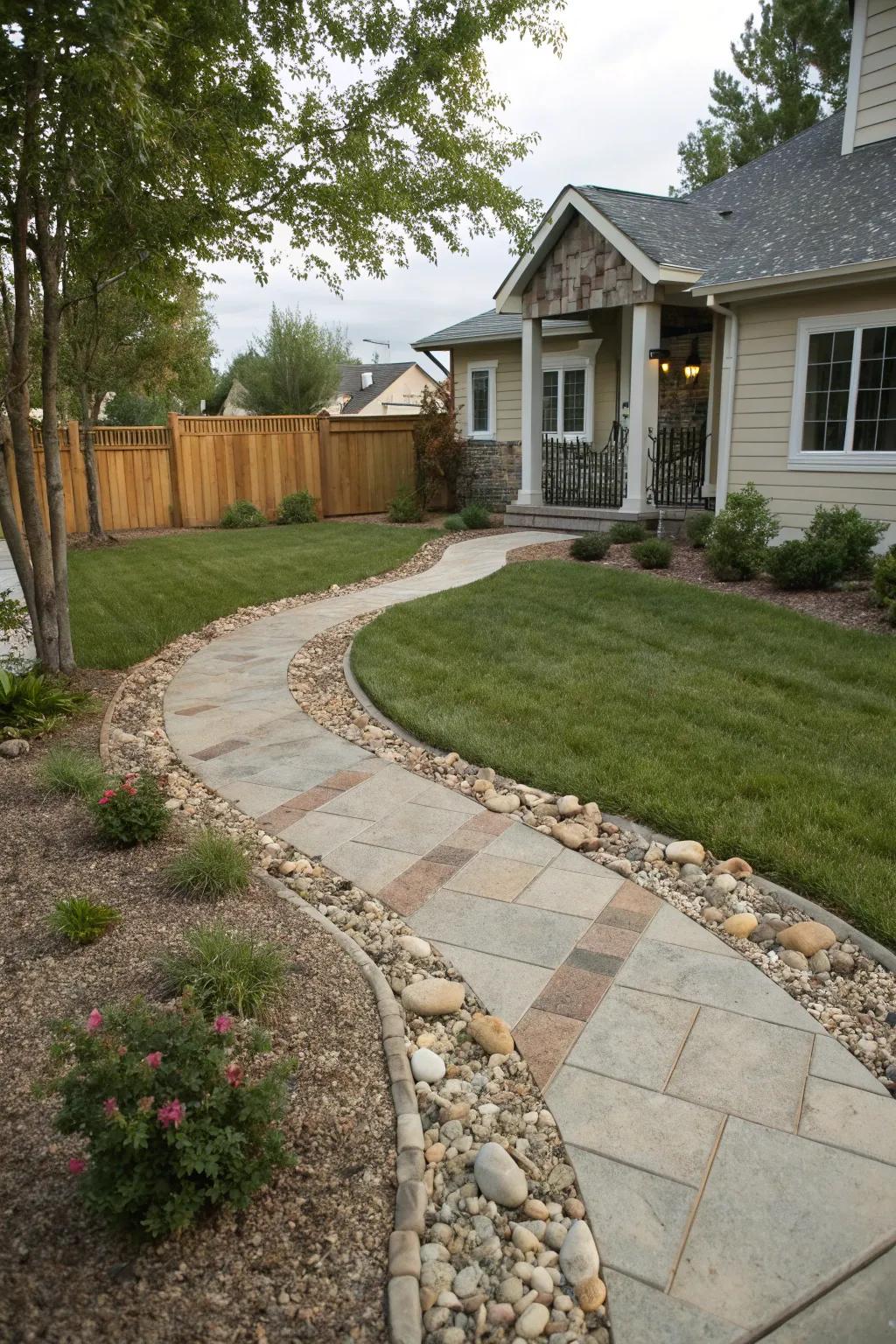Mixing materials adds texture and depth to a front garden walkway.