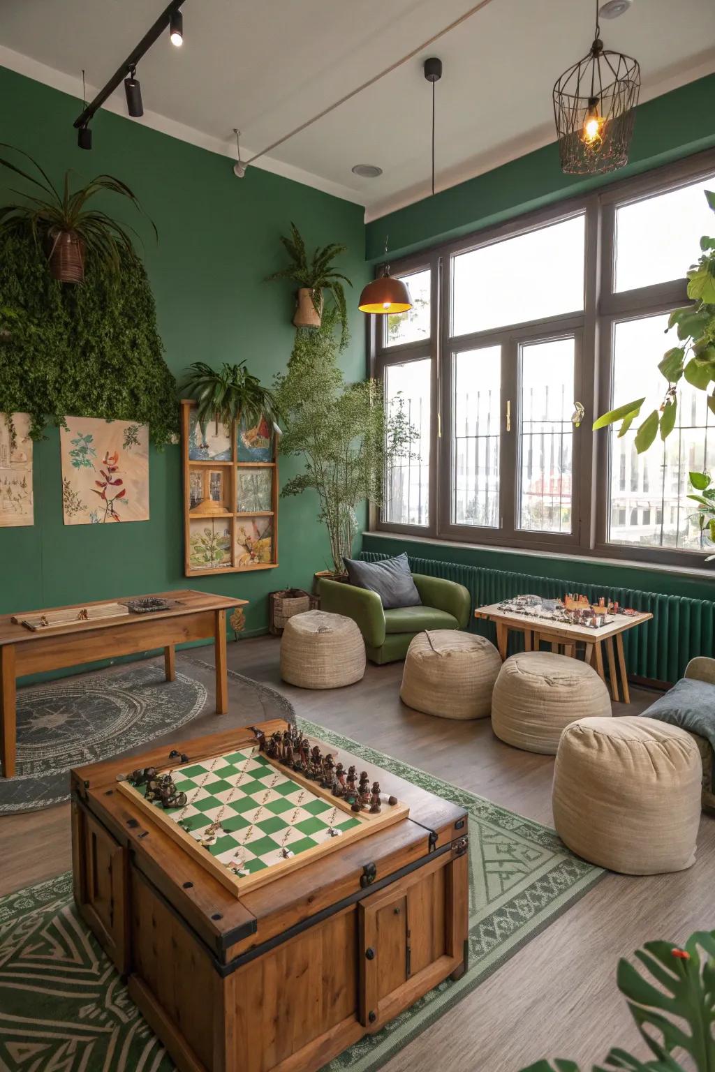 Verdant walls bring serenity and a refreshing vibe to the game room.