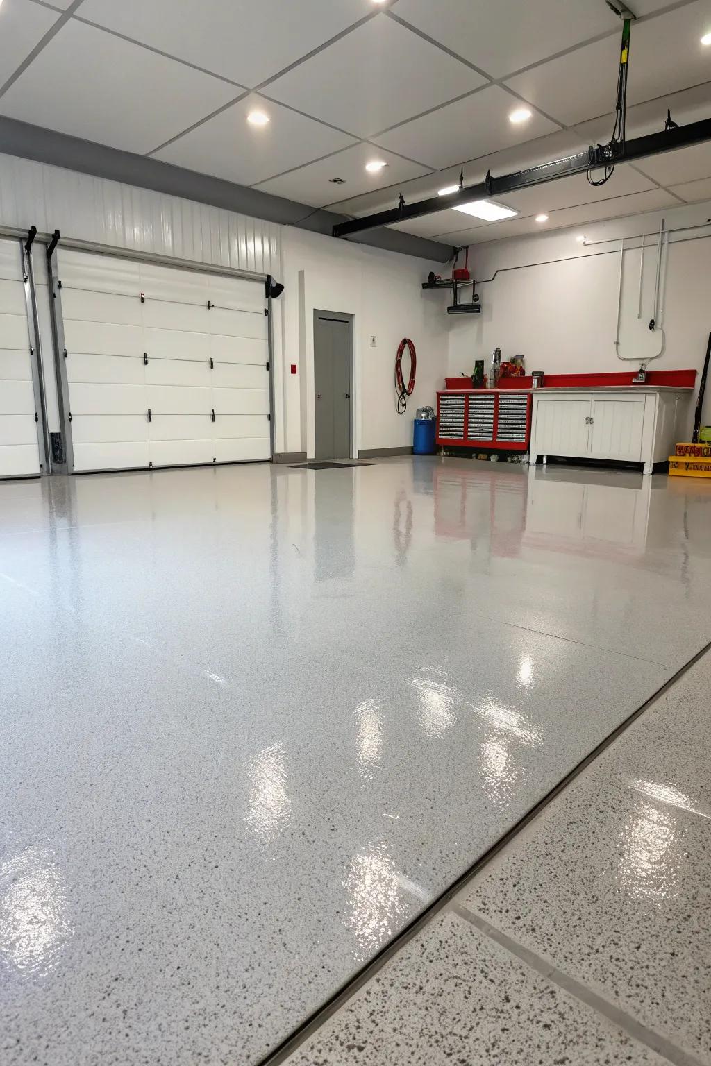 Sleek epoxy flooring elevates the garage's look.