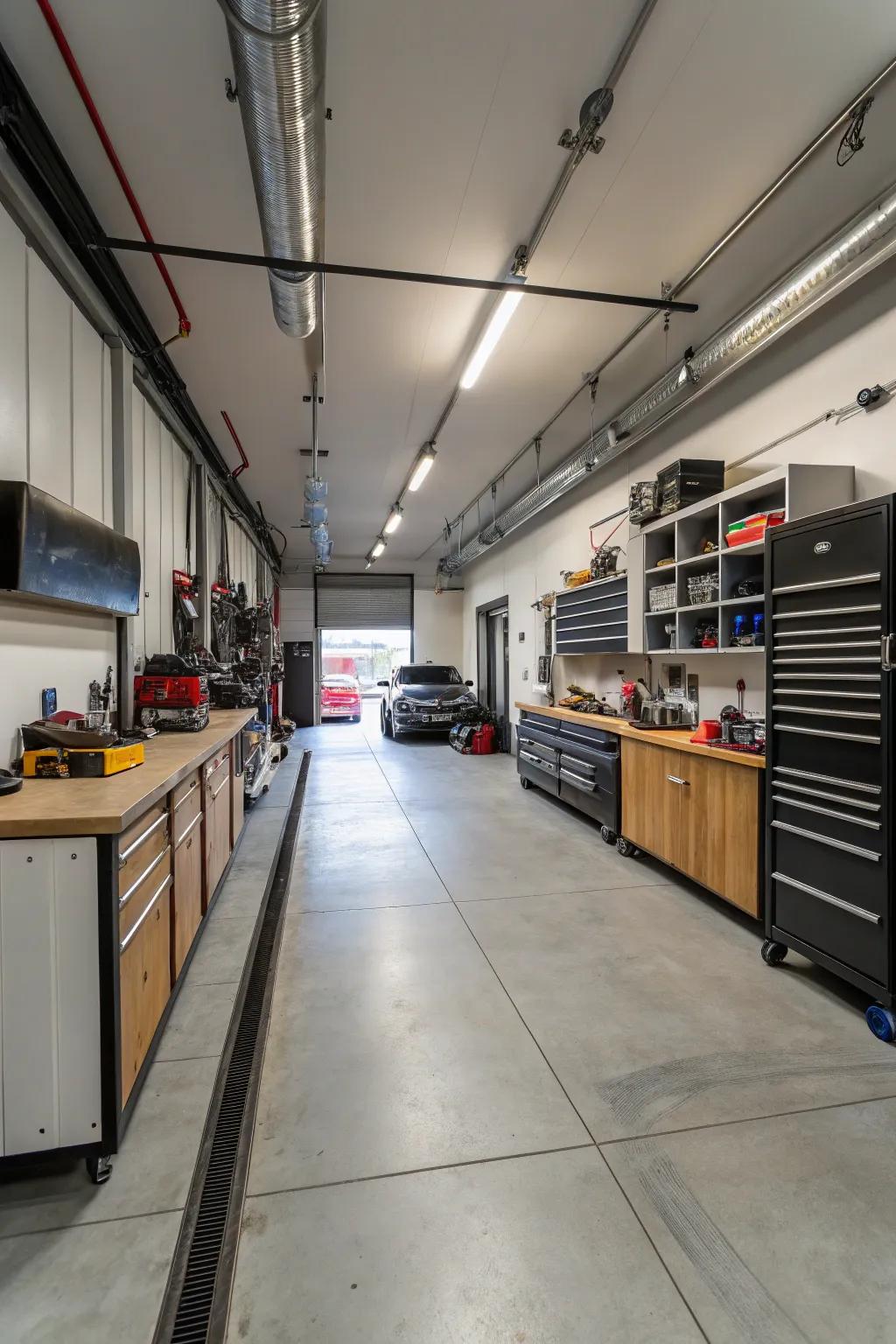 A garage extension that features enough area for a custom workshop.