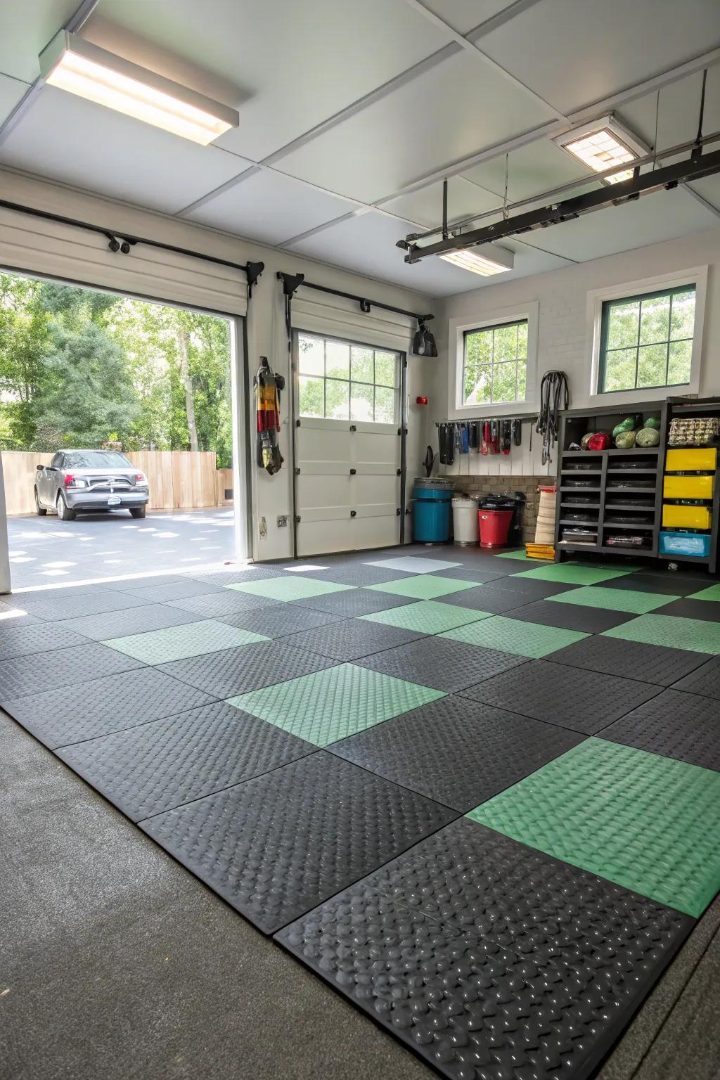 Embrace sustainability implementing recycled floor squares.