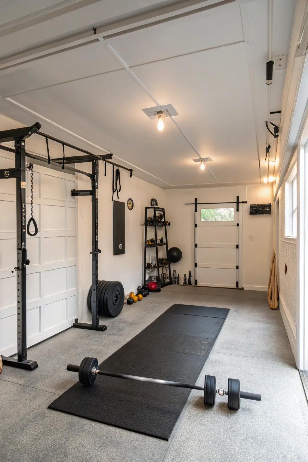 Alabaster walls deliver a pristine, expansive ambiance for concentrated workouts.