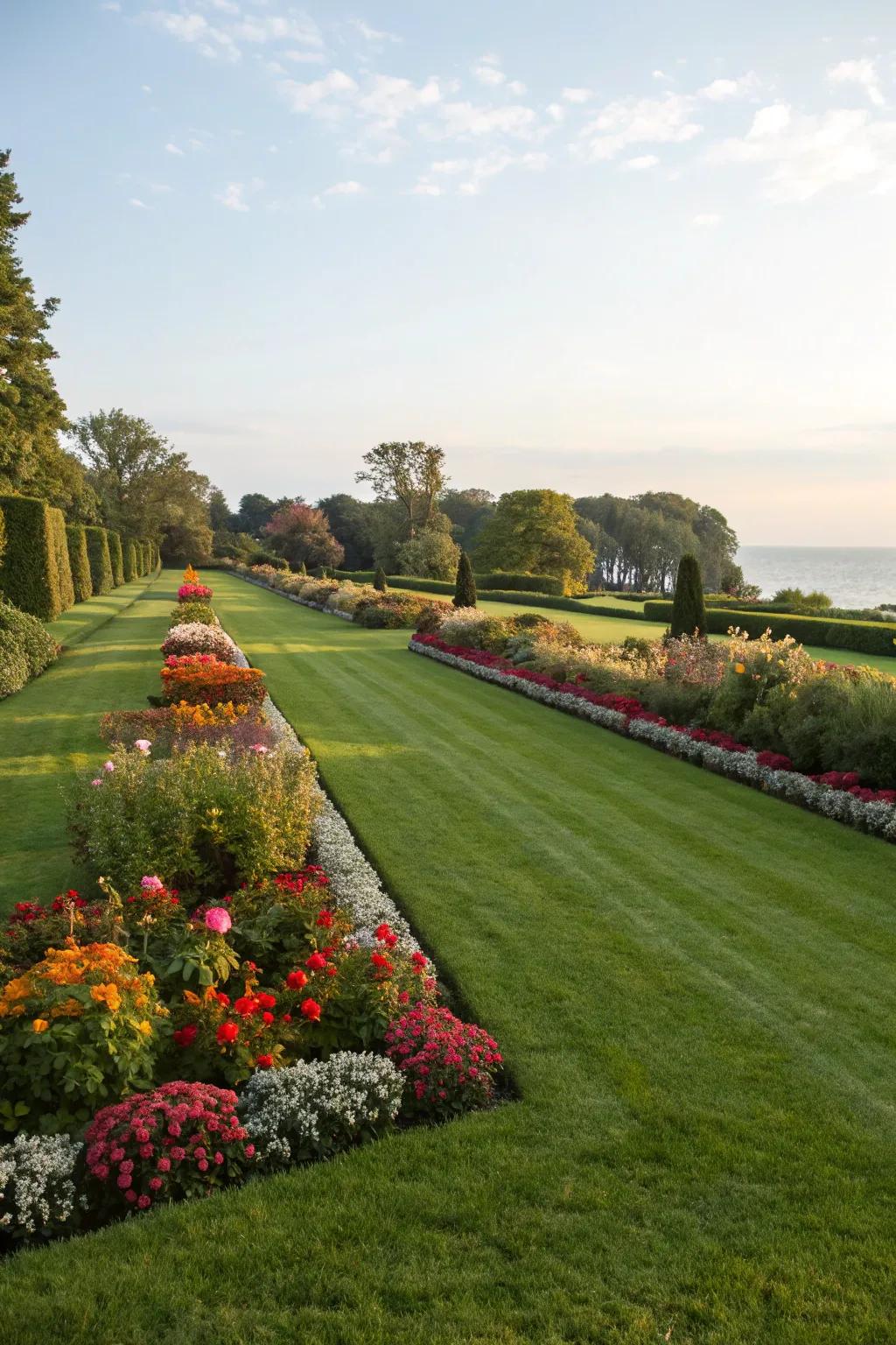 A perfectly maintained lawn with defined edges and vibrant flower beds.