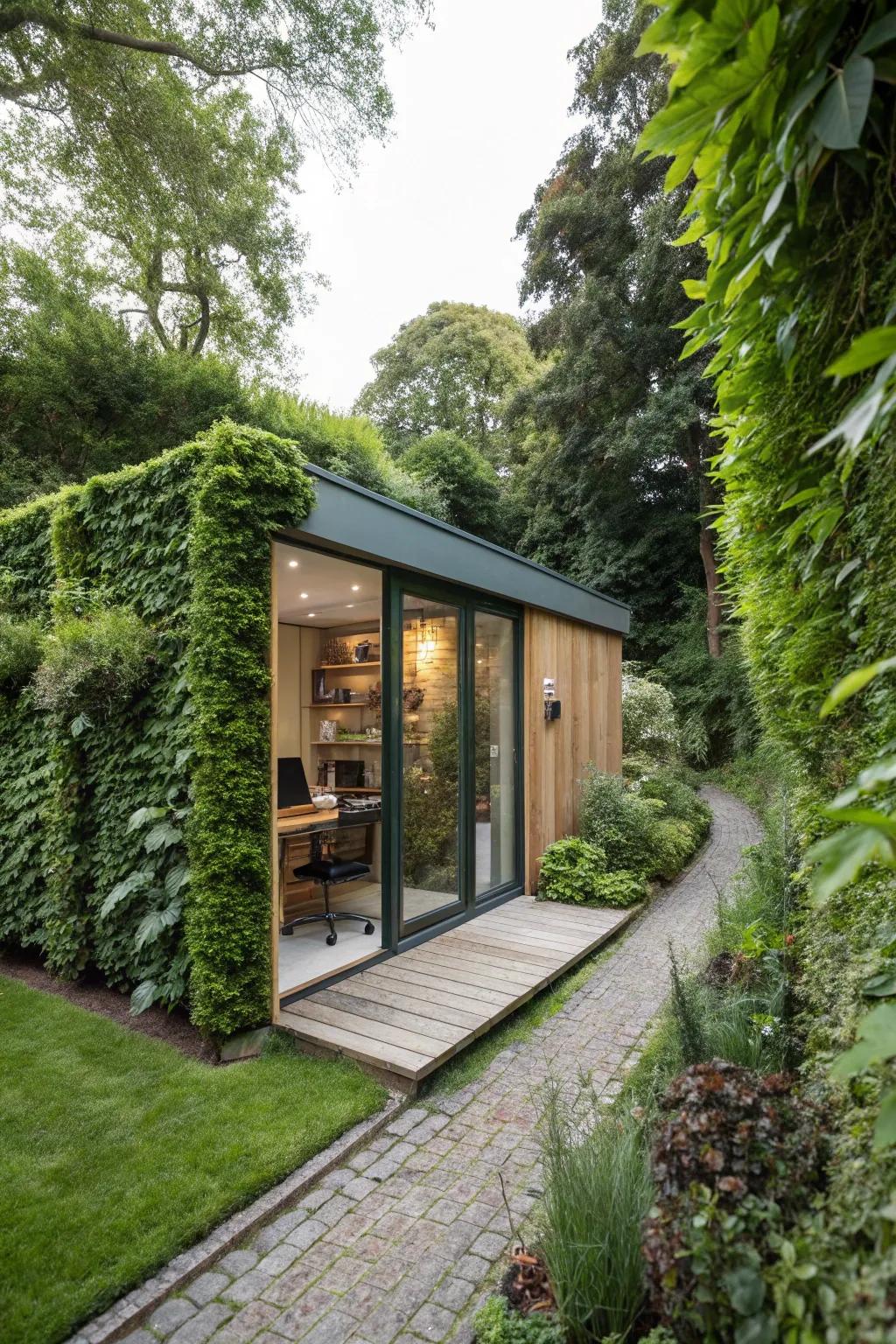 A garden office surrounded by rich green walls, offering a secluded workspace.