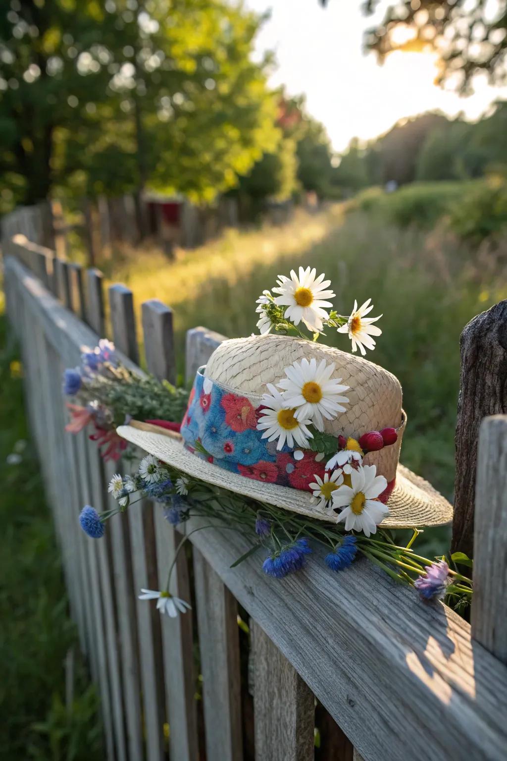 Pastoral charm hat with a relaxed wildflower vibe.
