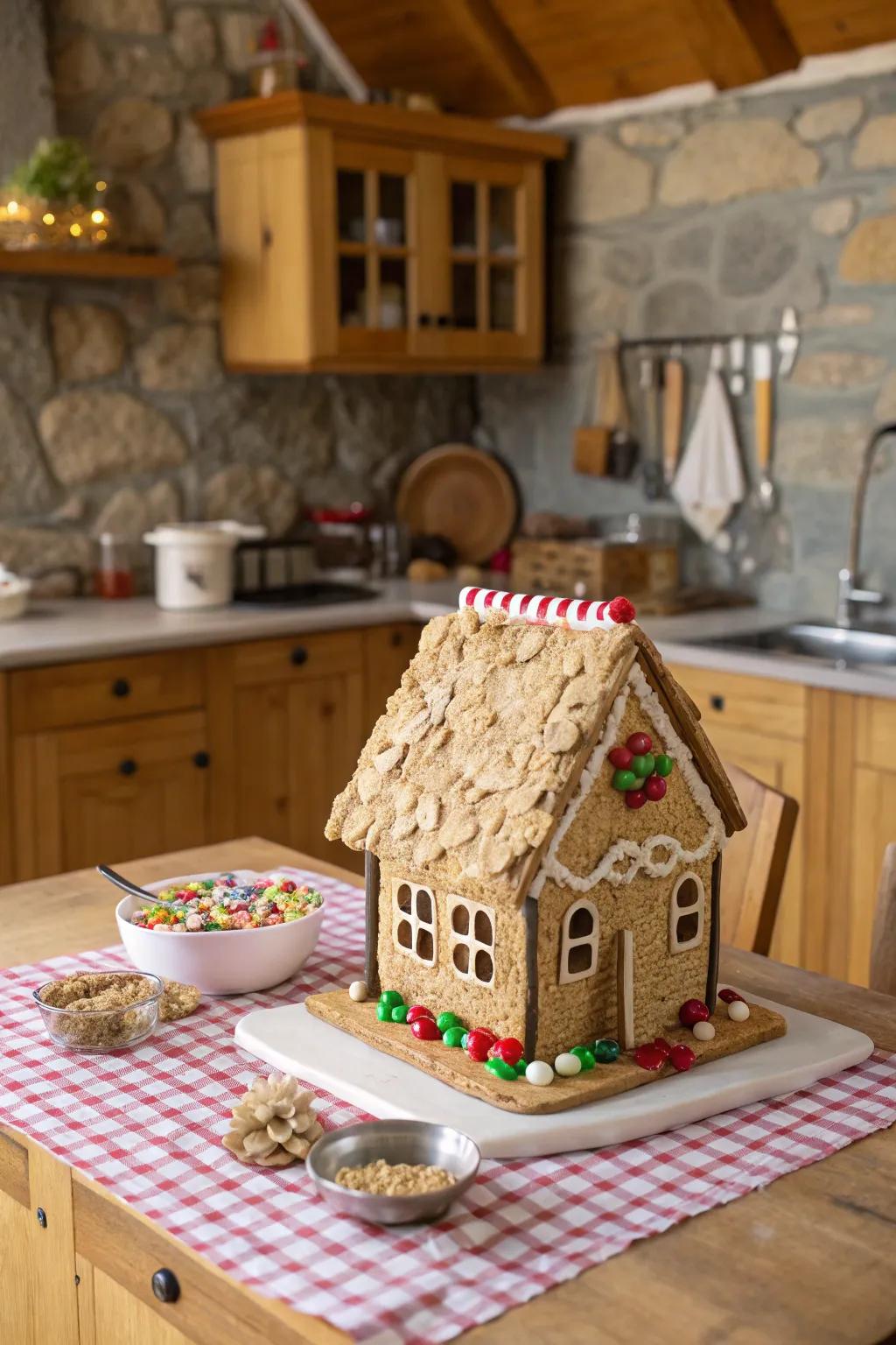 A grain crisp thatched roof atop a gingerbread house.