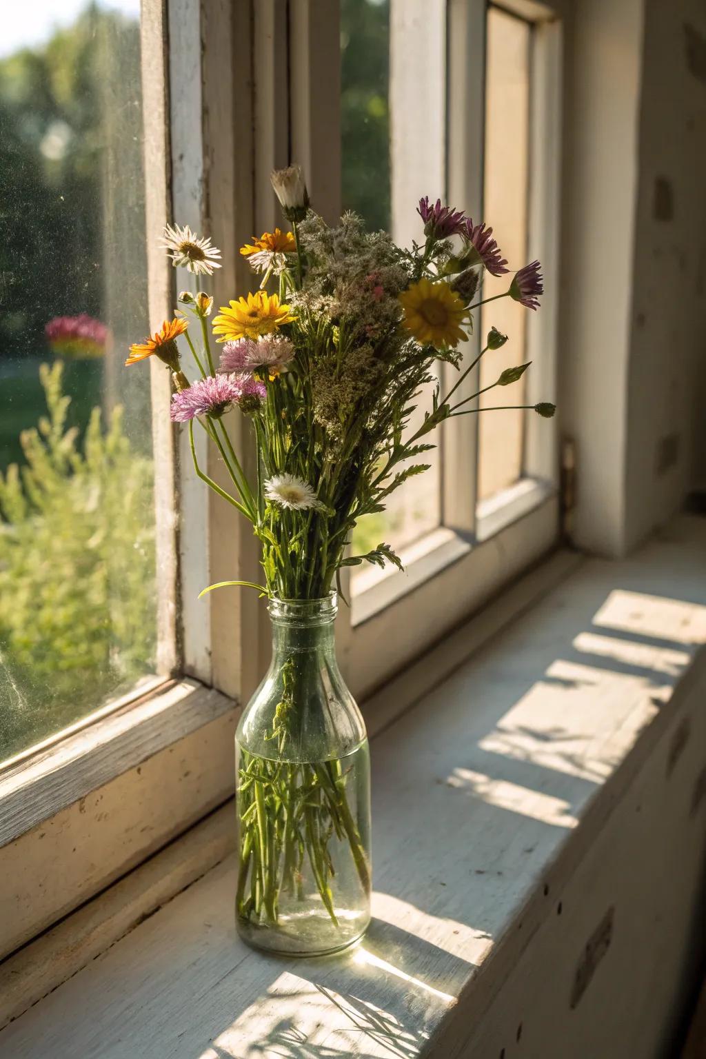 A glass bottle repurposed as a lovely flower holder.