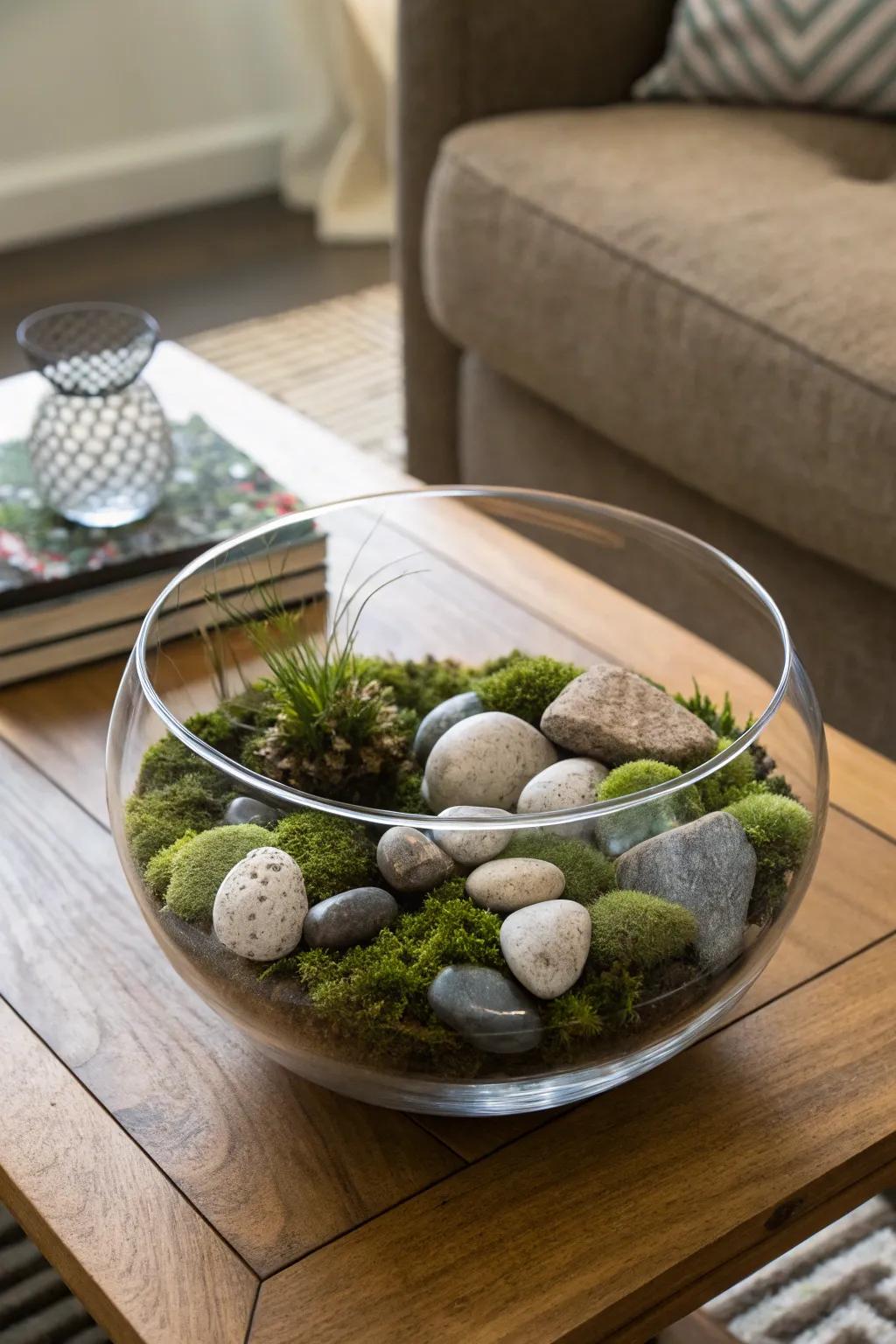 Stones and moss in a glass bowl compose an organic, earthy centerpiece.