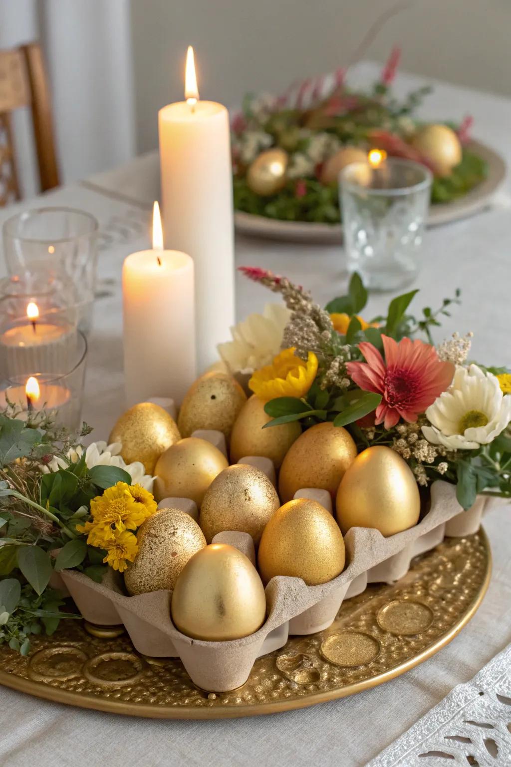A gilded egg focal point that introduces sophistication to any Easter table.