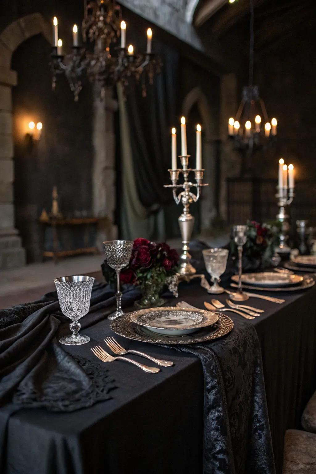 A Gothic wedding table setting presenting antique flatware and shadowy linens.