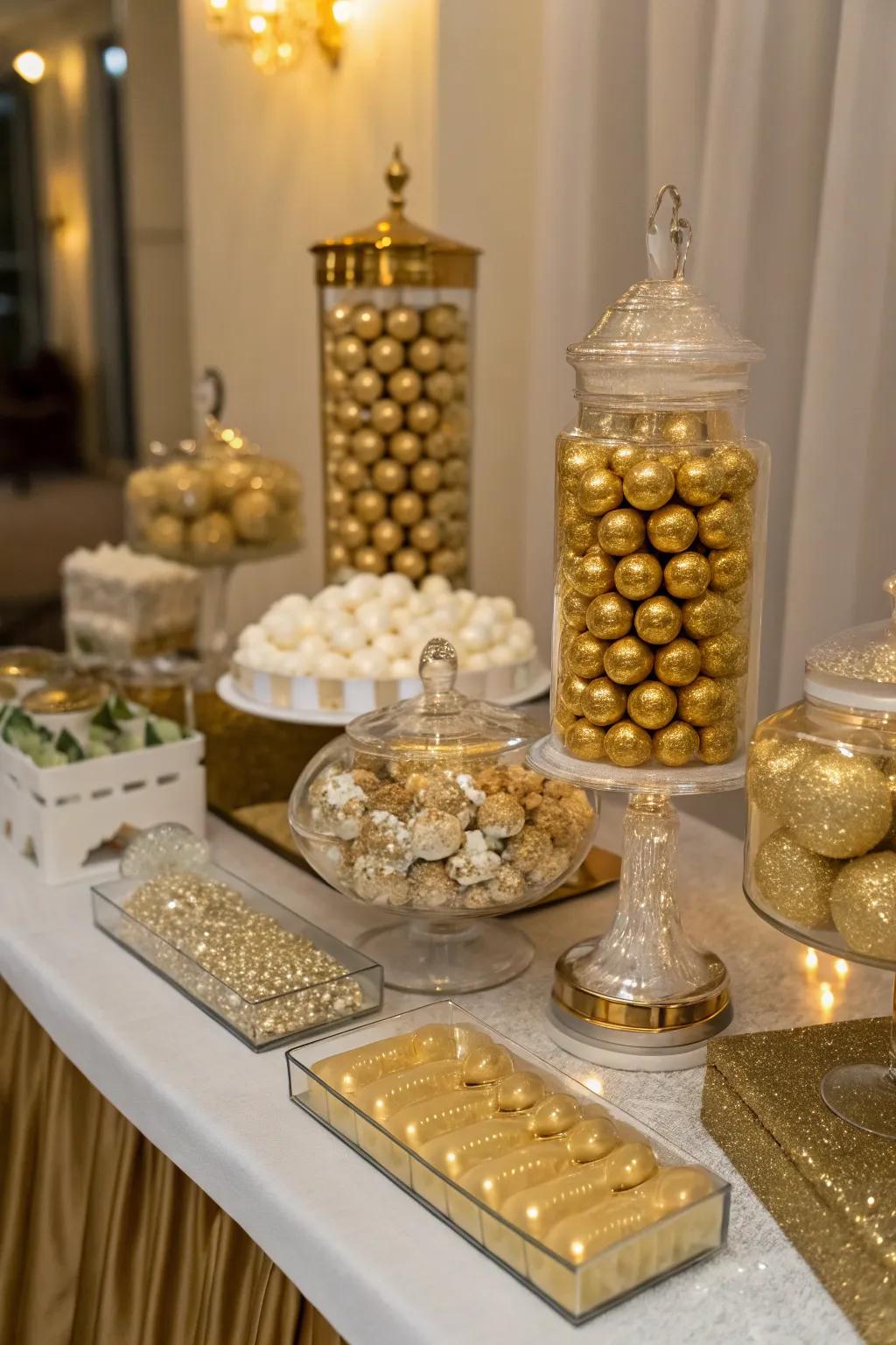 Gold accents elevate your candy table, introducing a new level of sophistication.