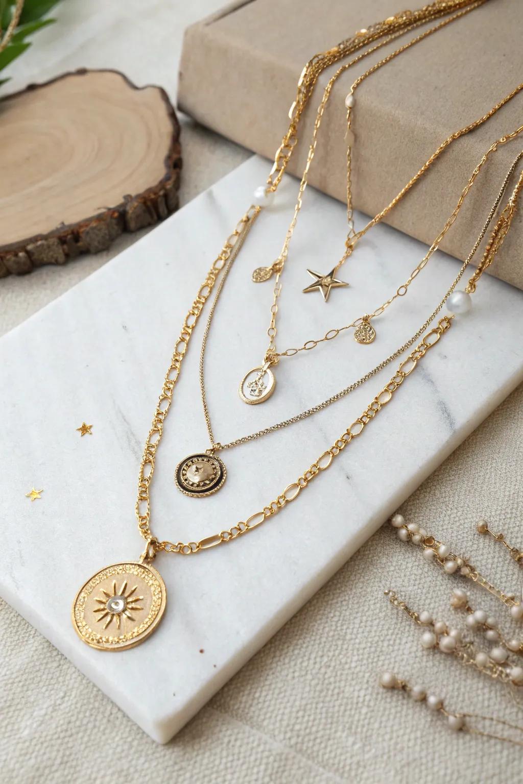 Stylish layered pendants with customized elements.