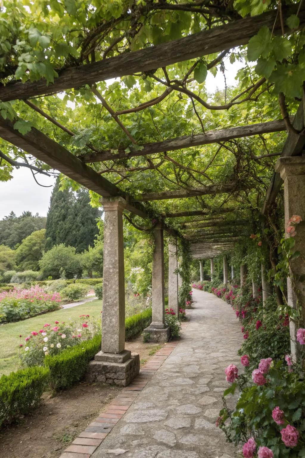 An overhead trellis offers both shade and a stunning garden feature.