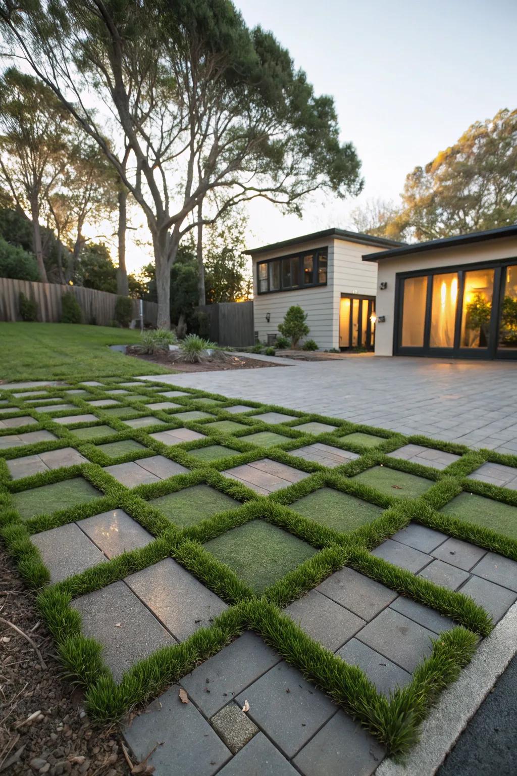 Inventive layouts employing turf blocks for a standout driveway.