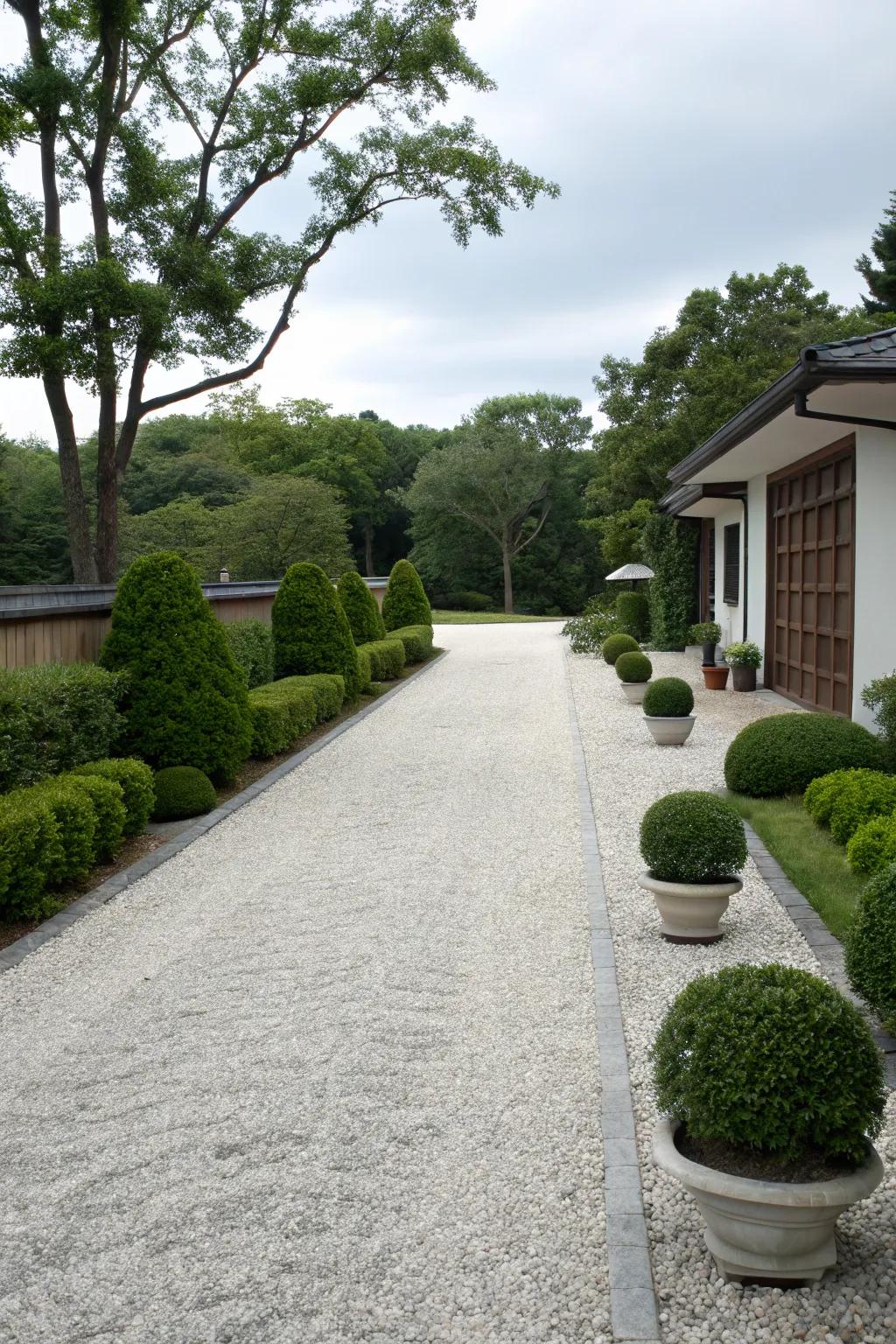 A Zen-inspired gravel driveway evokes a serene and peaceful entrance.