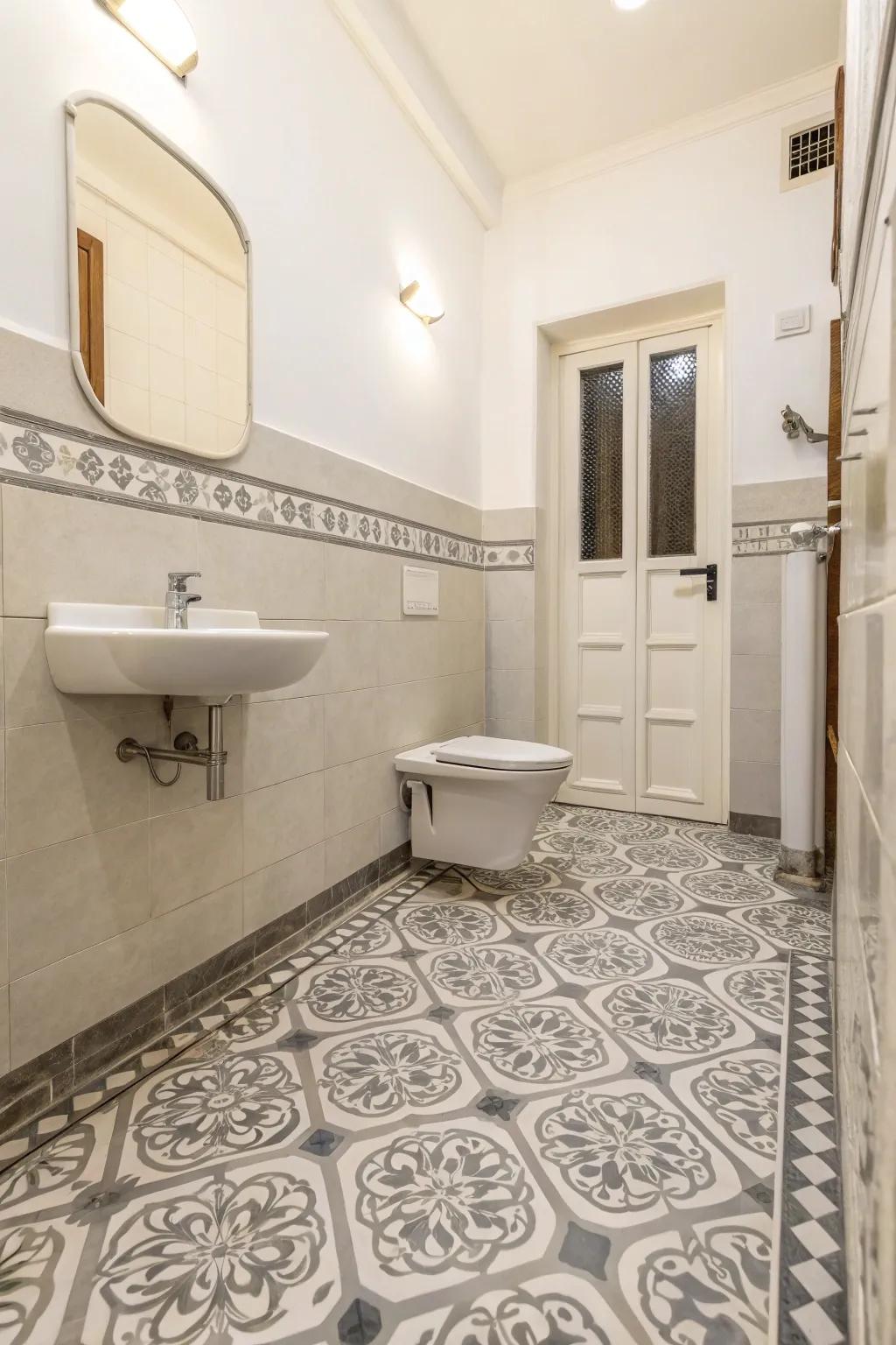 Patterned tiling introduces a spirited aspect to this lavatory layout.