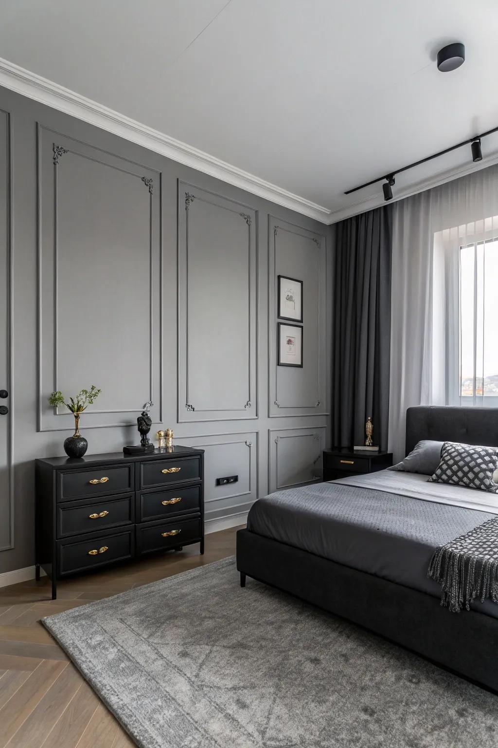 A minimalist gray bedroom using bold dark accents.