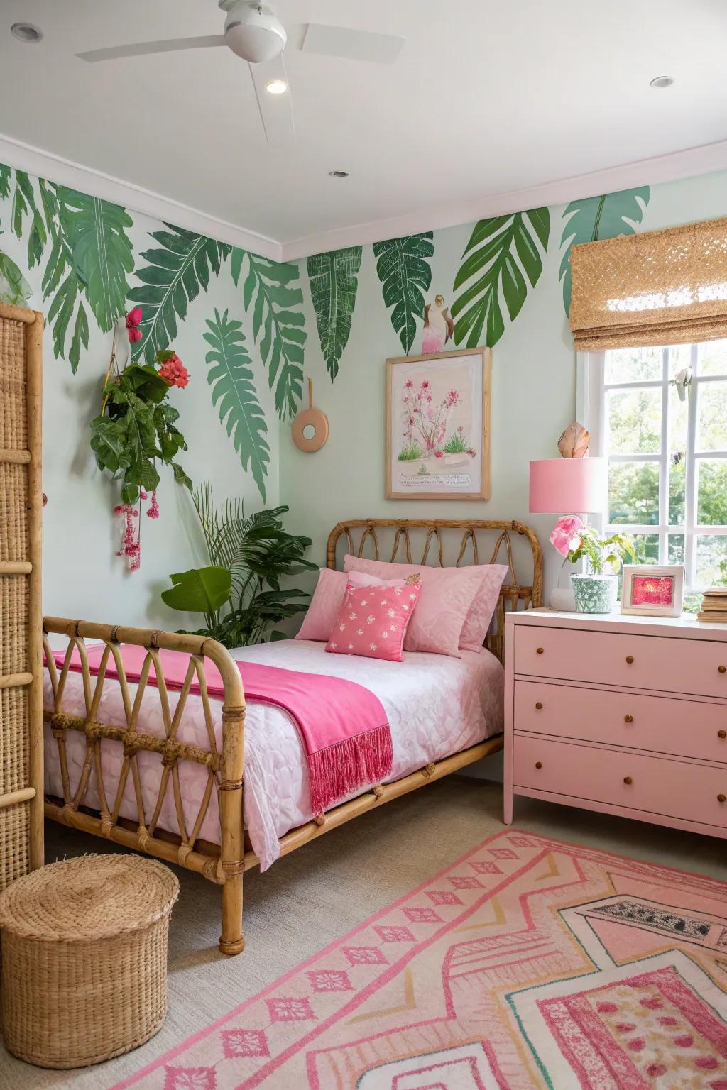 Tropical decor coupled with roseate accents crafts a tranquil escape.