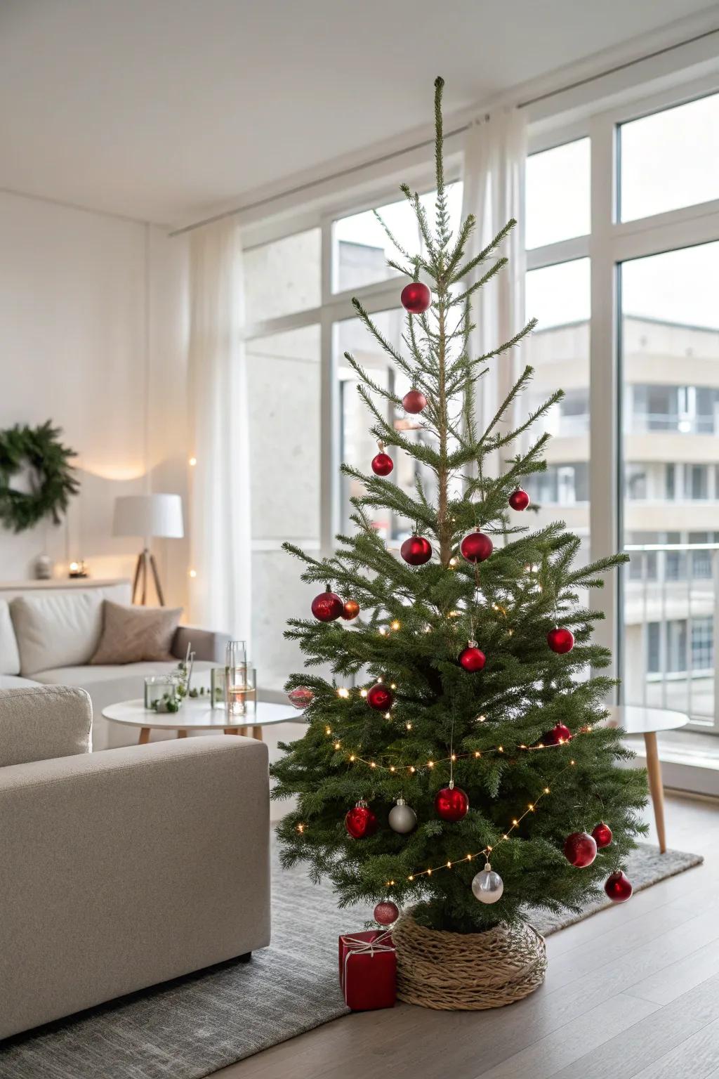 A minimalist Christmas tree adorned with subtle crimson and emerald decorations.