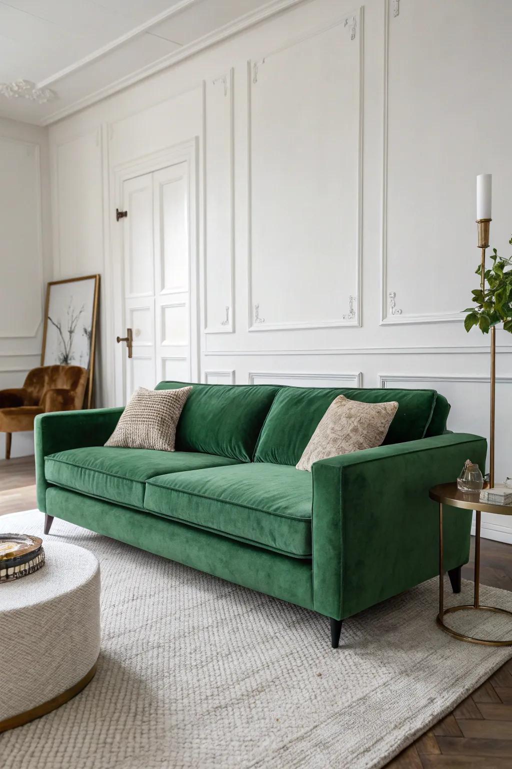 A minimalist lounge featuring a green velvet couch as the focal point.