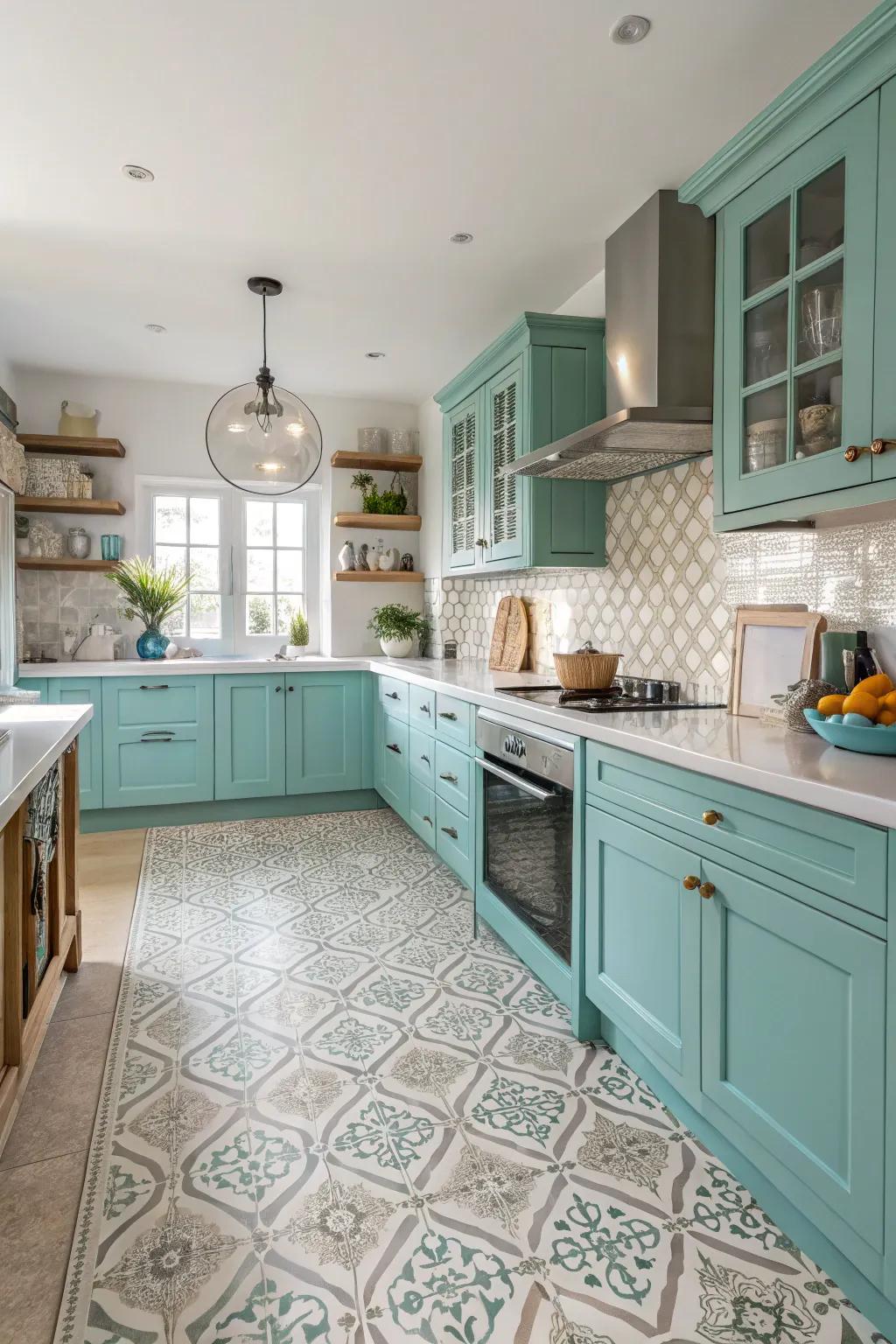 Patterned floor covering provides a subtle yet stylish foundation for the kitchen.