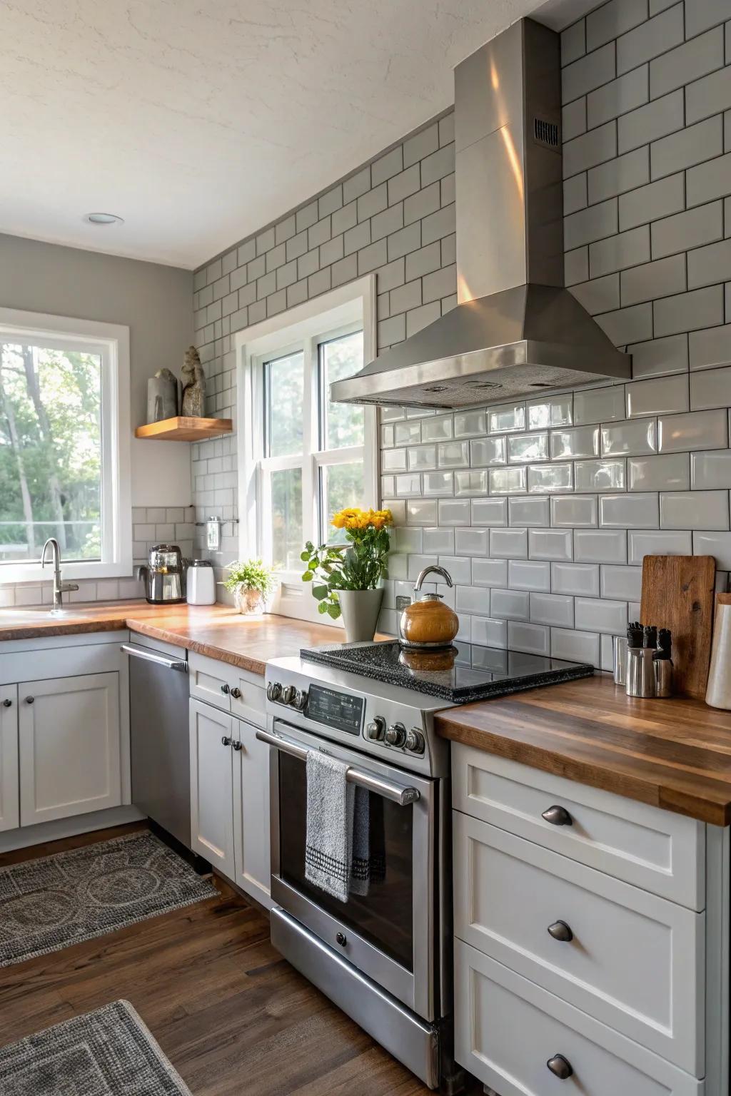 Fashionable grey brick-style backsplash contributing extra texture