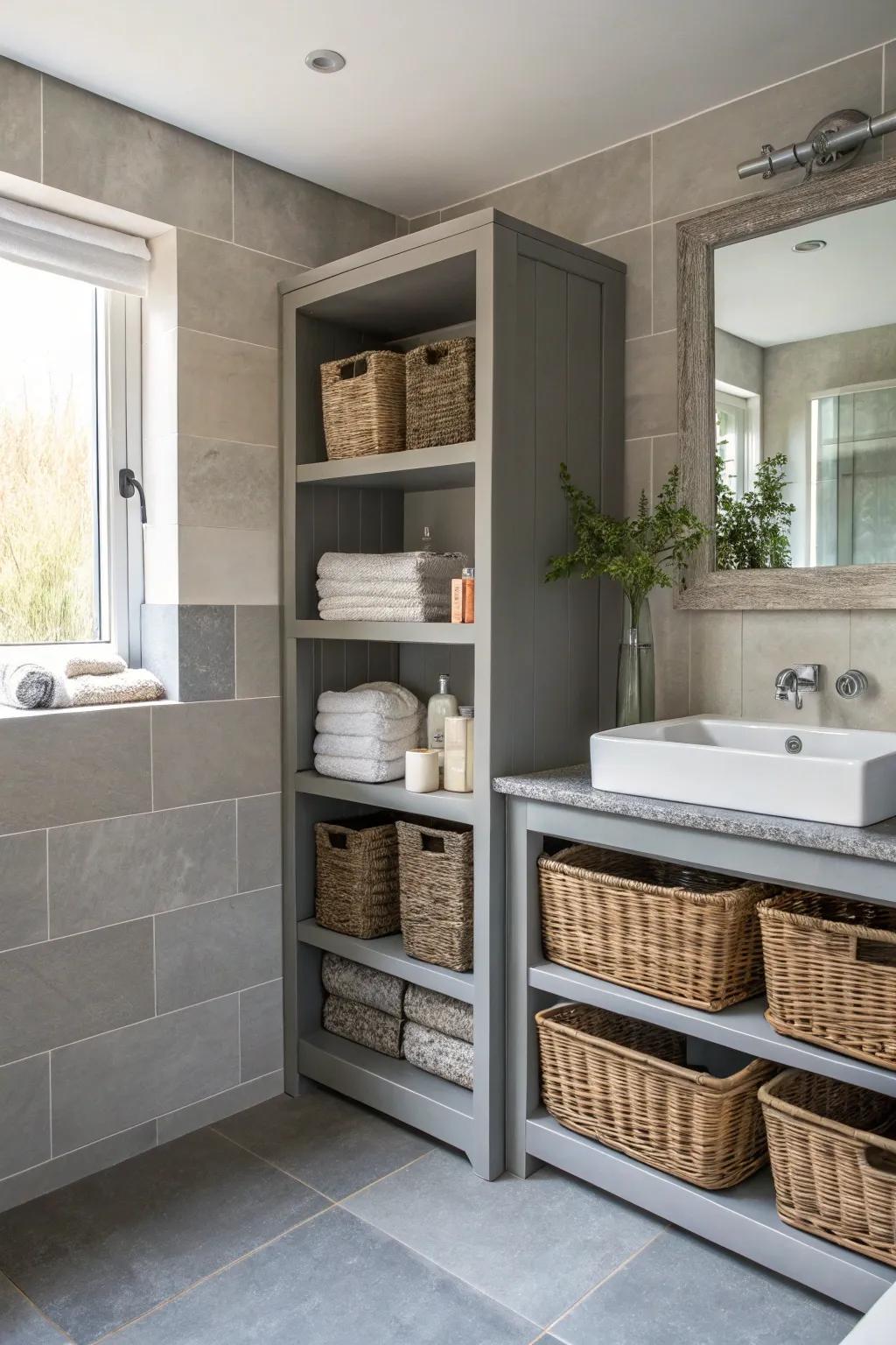 Practical storage options retain the grey bathroom structured and stylish.