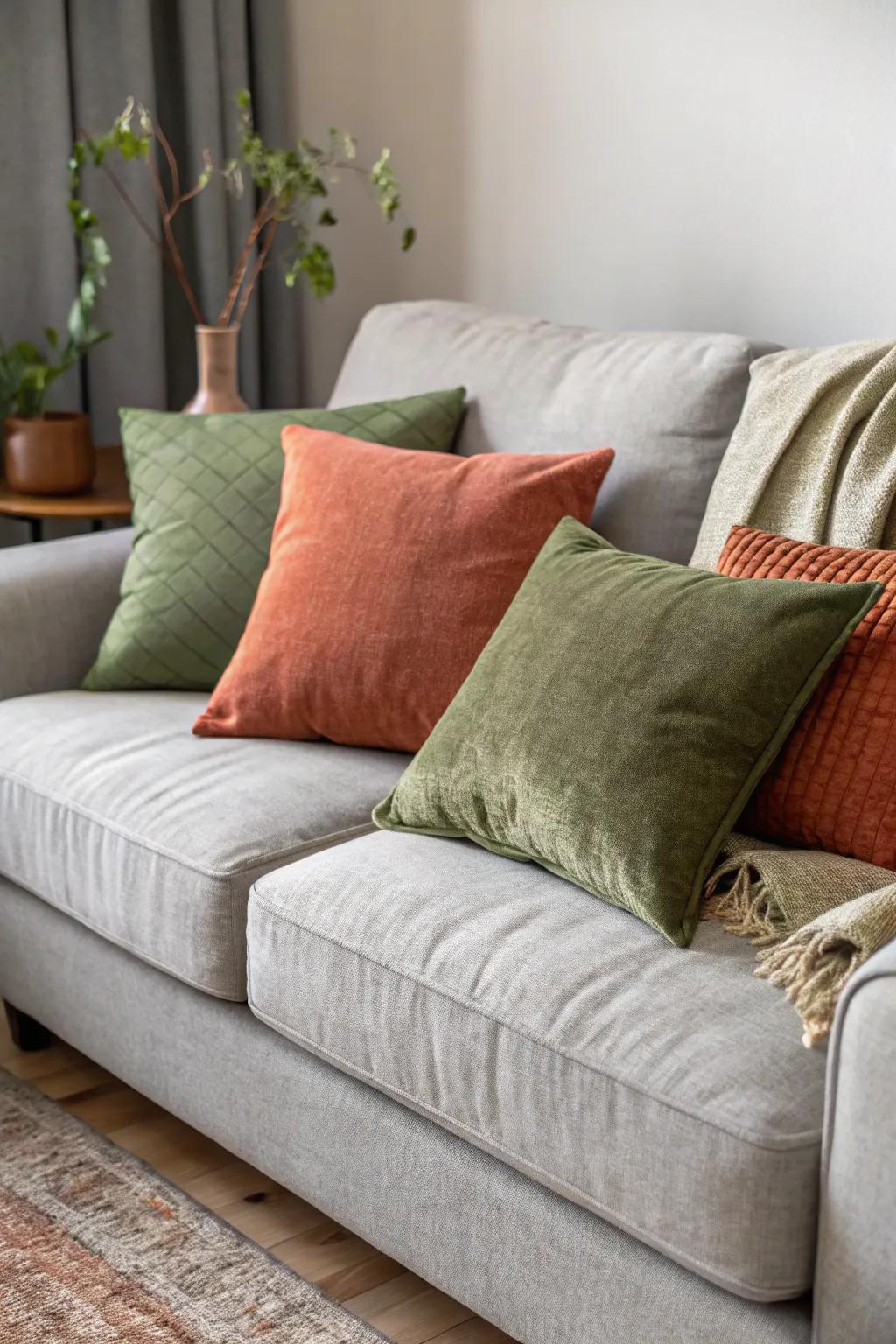Earthy tones deliver a warm and inviting contrast to grey.