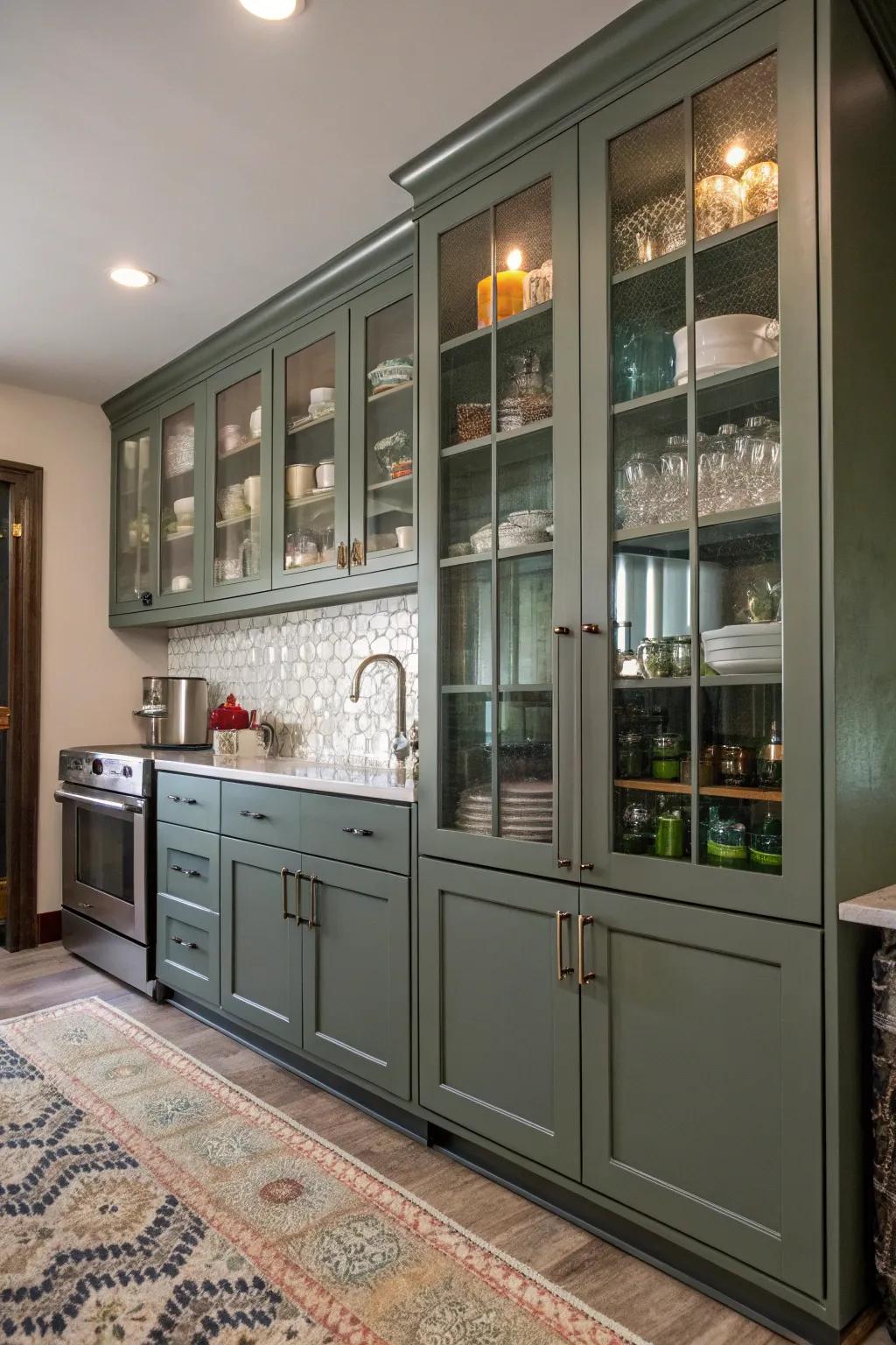 Divergent materials contribute an eclectic grace to grey-green cabinets.