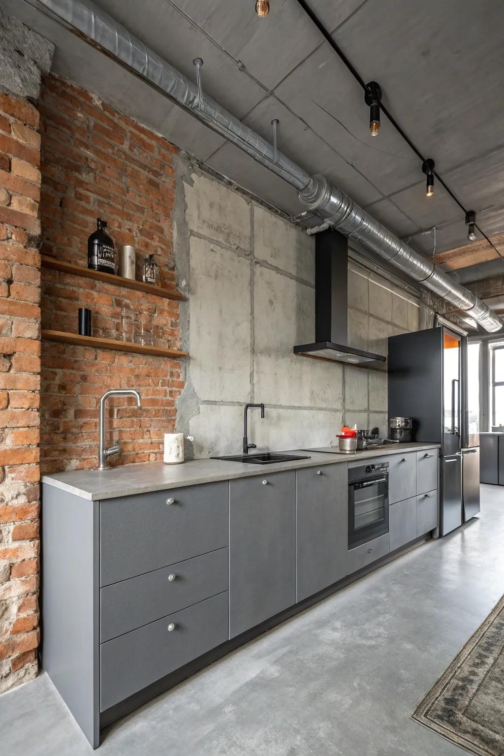 Industrial components lend a fashionable, urban vibe to a grey kitchen.