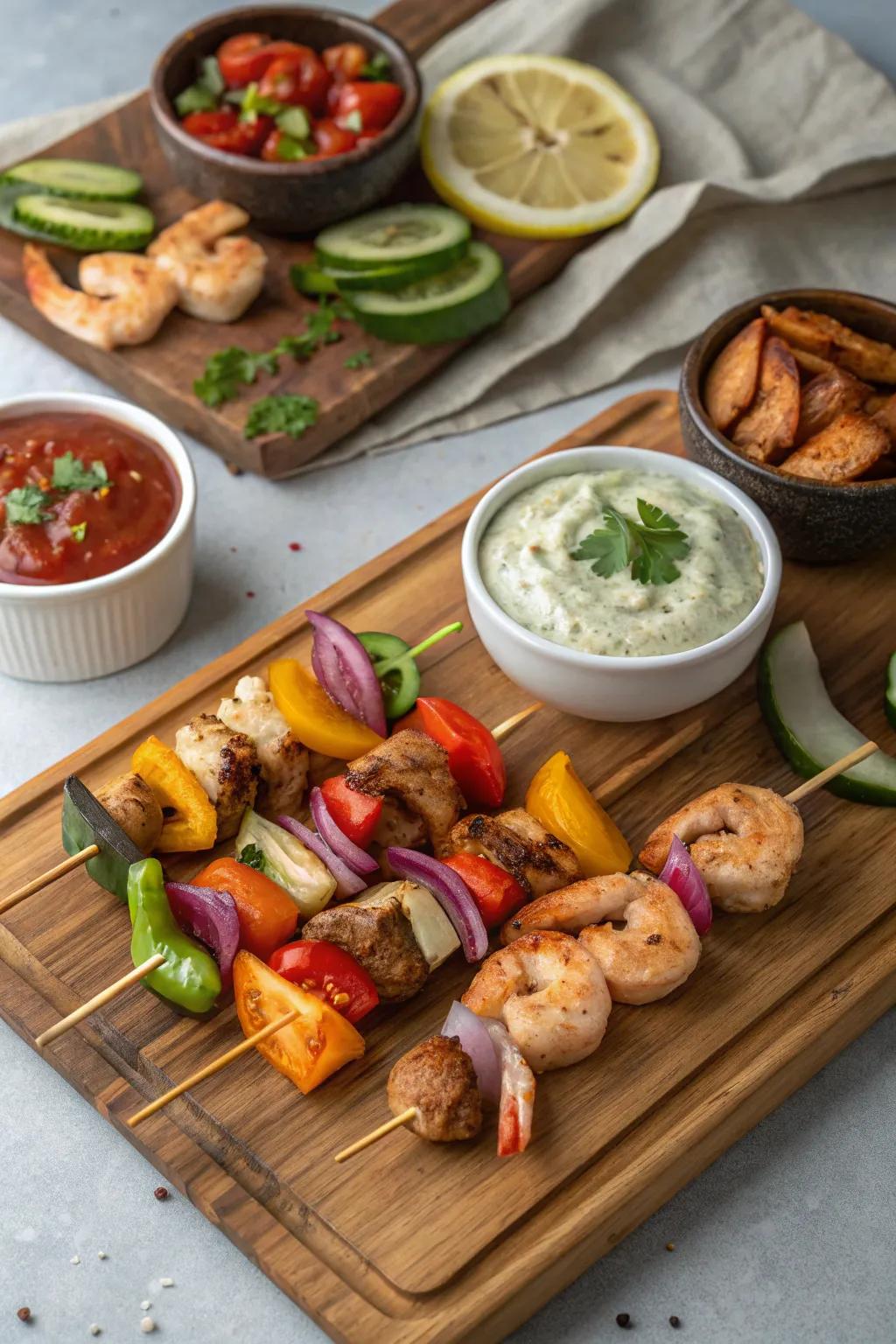 There are countless flavor combinations available with assorted skewers and dips.