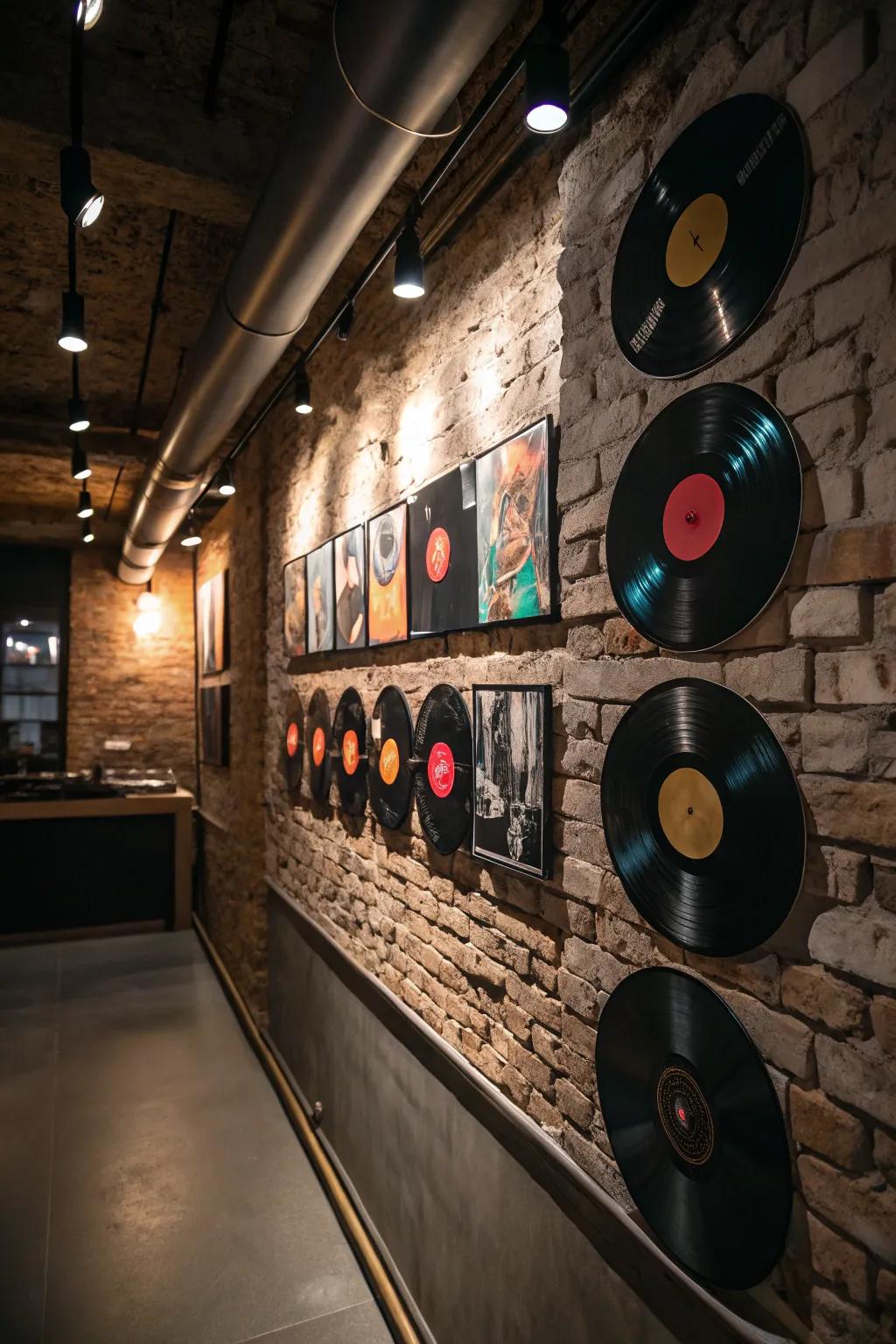 Phonograph records contribute a retro and artistic aura to the ornamentation.