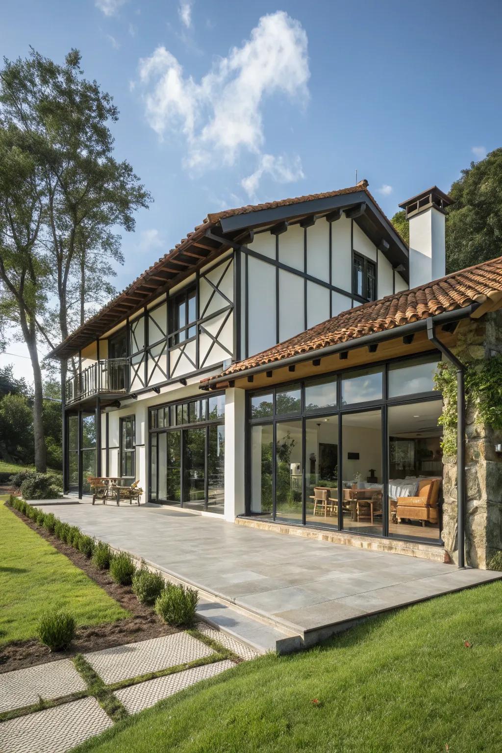 A guest house that harmoniously merges different structural elements.